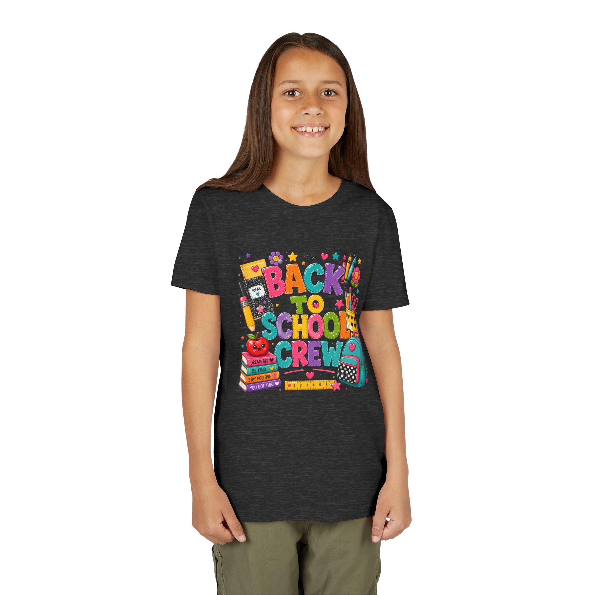 Back to School Crew Youth Tee — Colorful Kids' School Backpack & Books Graphic Shirt