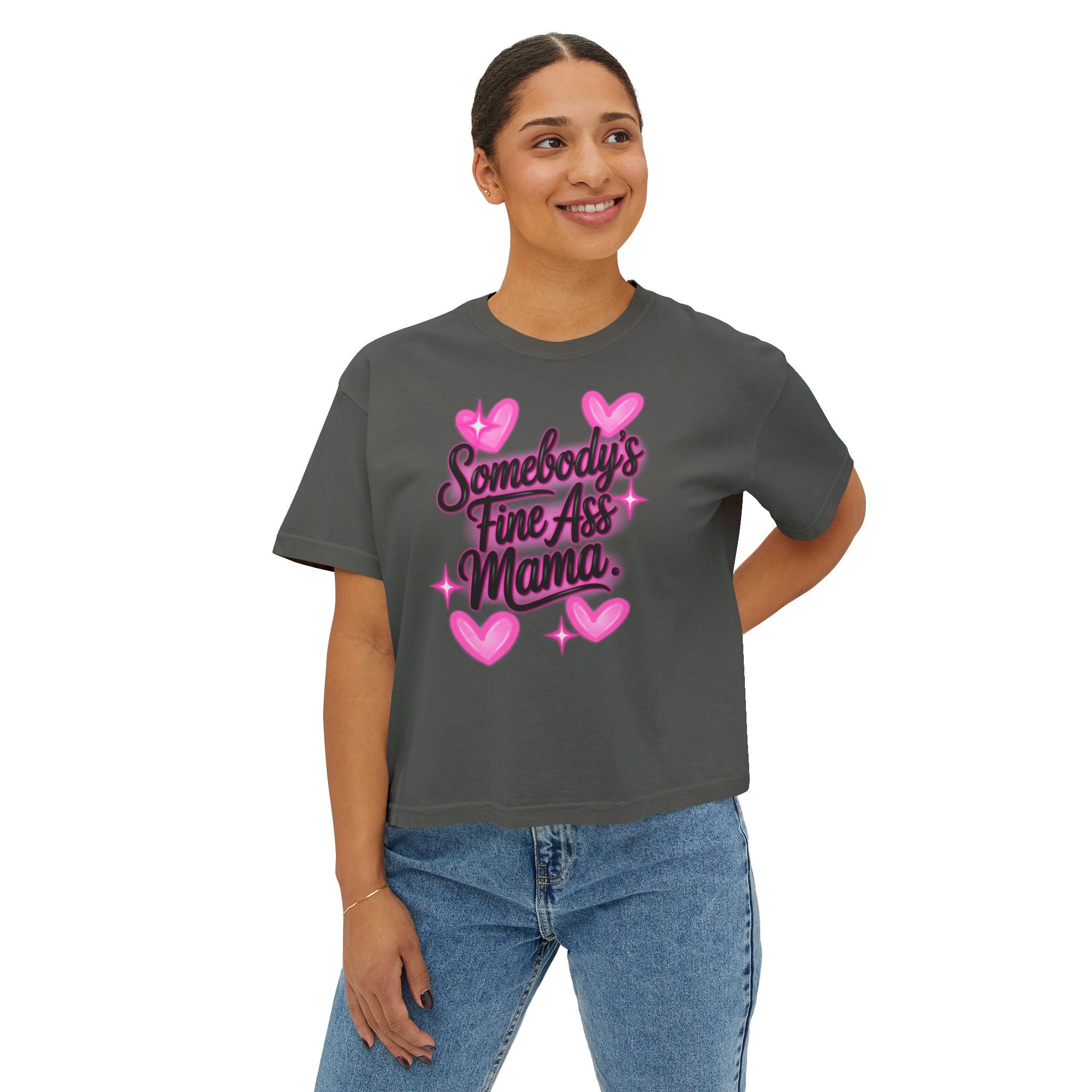 Somebody's Fine Ass Mama Boxy Tee — Cute Pink Heart Mom Graphic Shirt