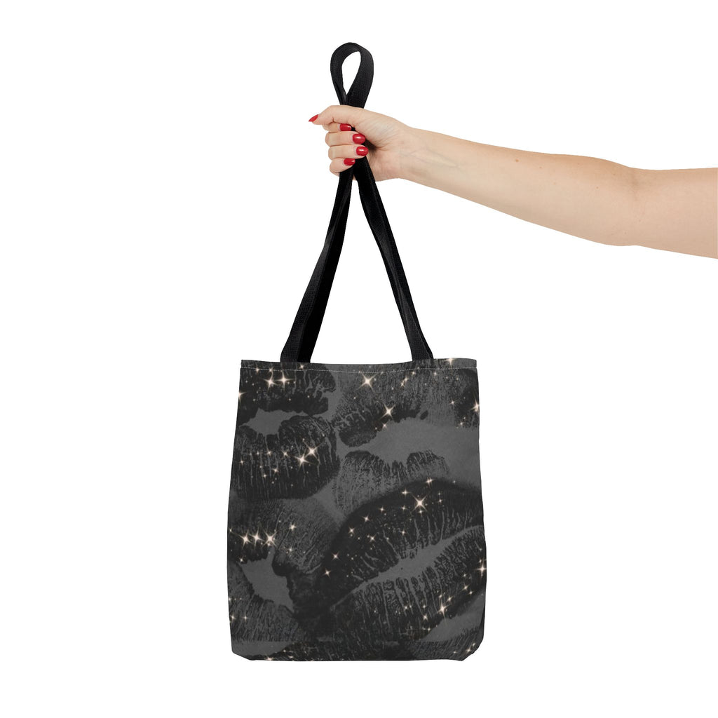 Glitter Kiss Print Tote Bag | Black Lipstick Pattern, Sparkle All-Over