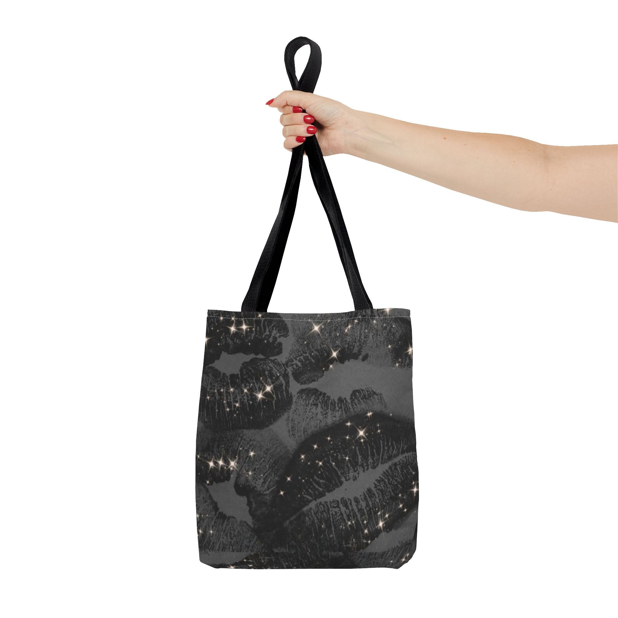 Glitter Kiss Print Tote Bag | Black Lipstick Pattern, Sparkle All-Over