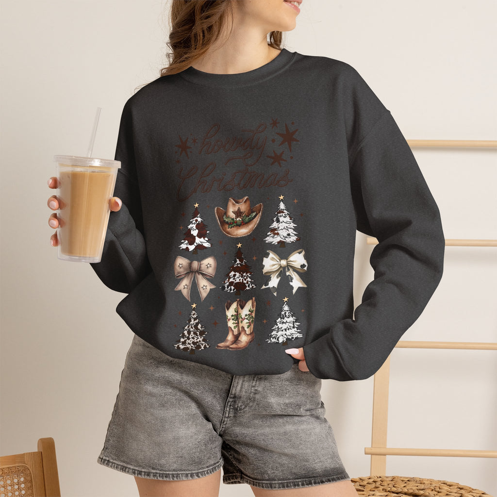 Howdy Christmas Sweatshirt — Western Cowboy Holiday Crewneck with Boots & Trees