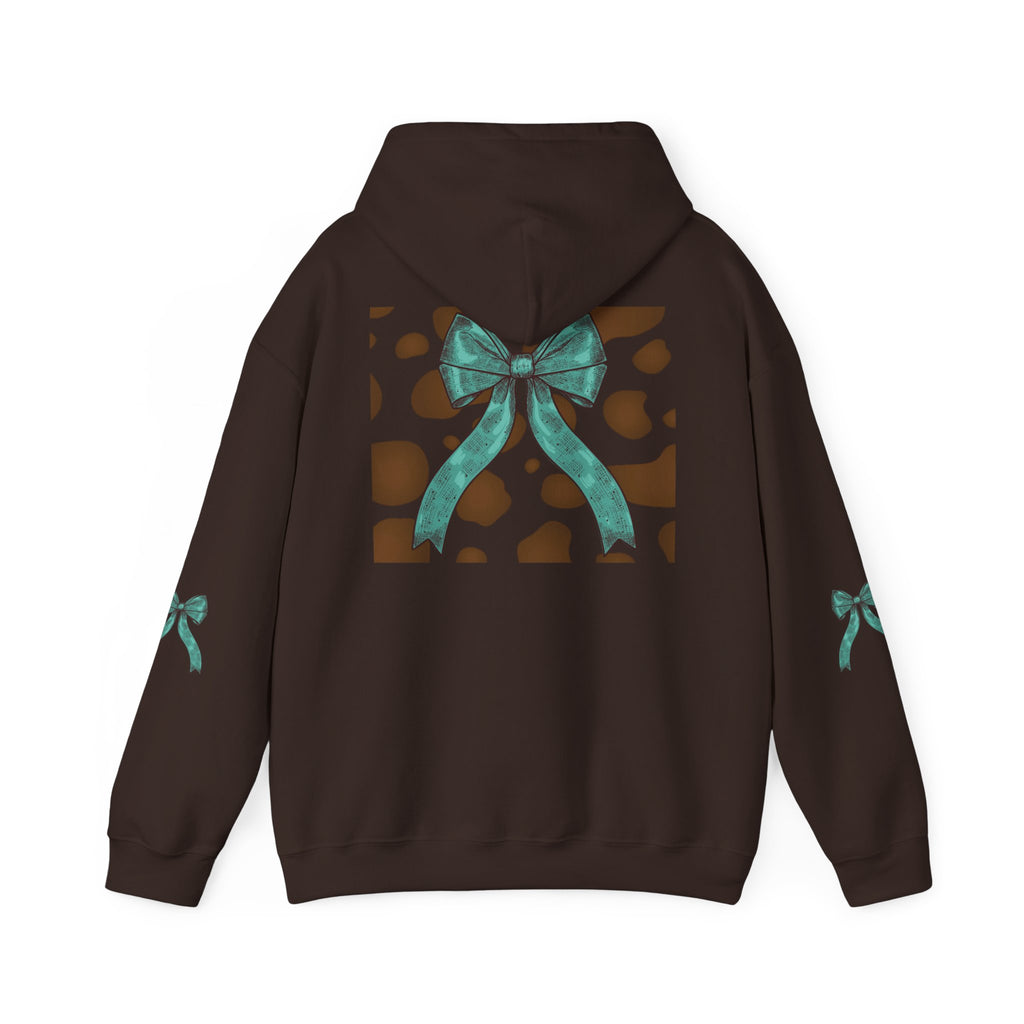 Mama Leopard Letters teal bow Hoodie | Cow print back panel, sleeve bows