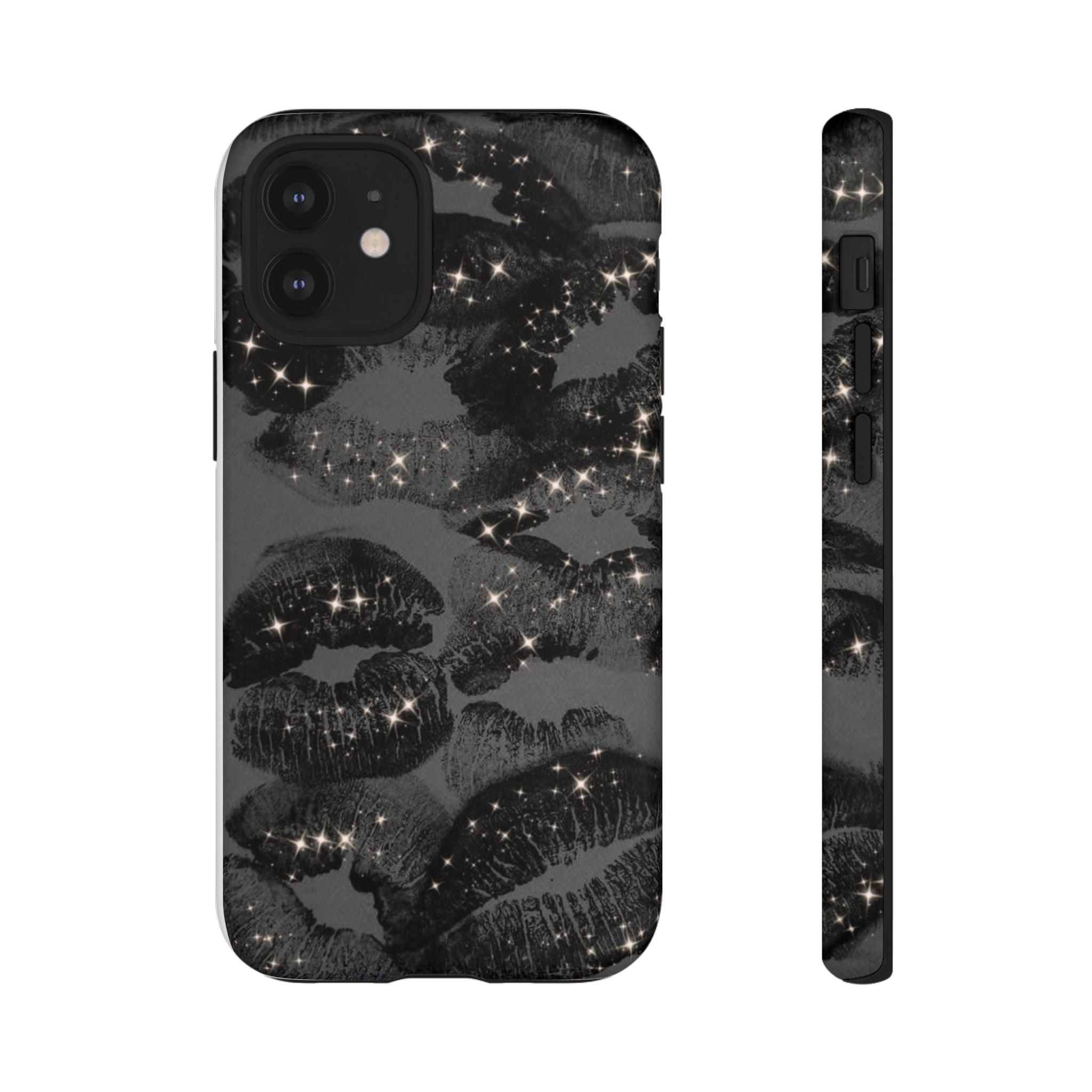 Black Glitter Kiss Phone Case — Sparkling Lip Print Protective Cover