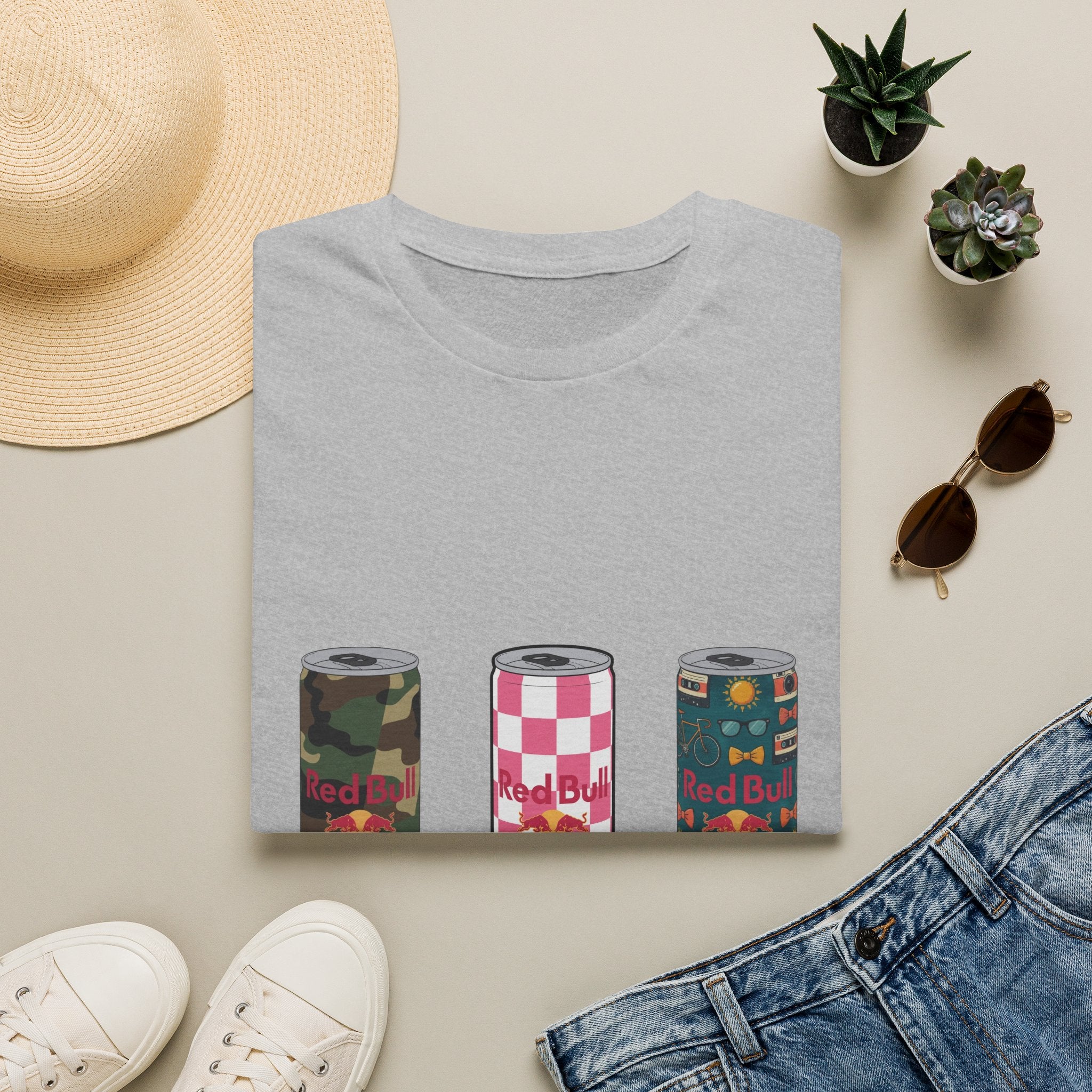 Energy Drink Can Trio T-Shirt — Camouflage, Checker & Floral Cans