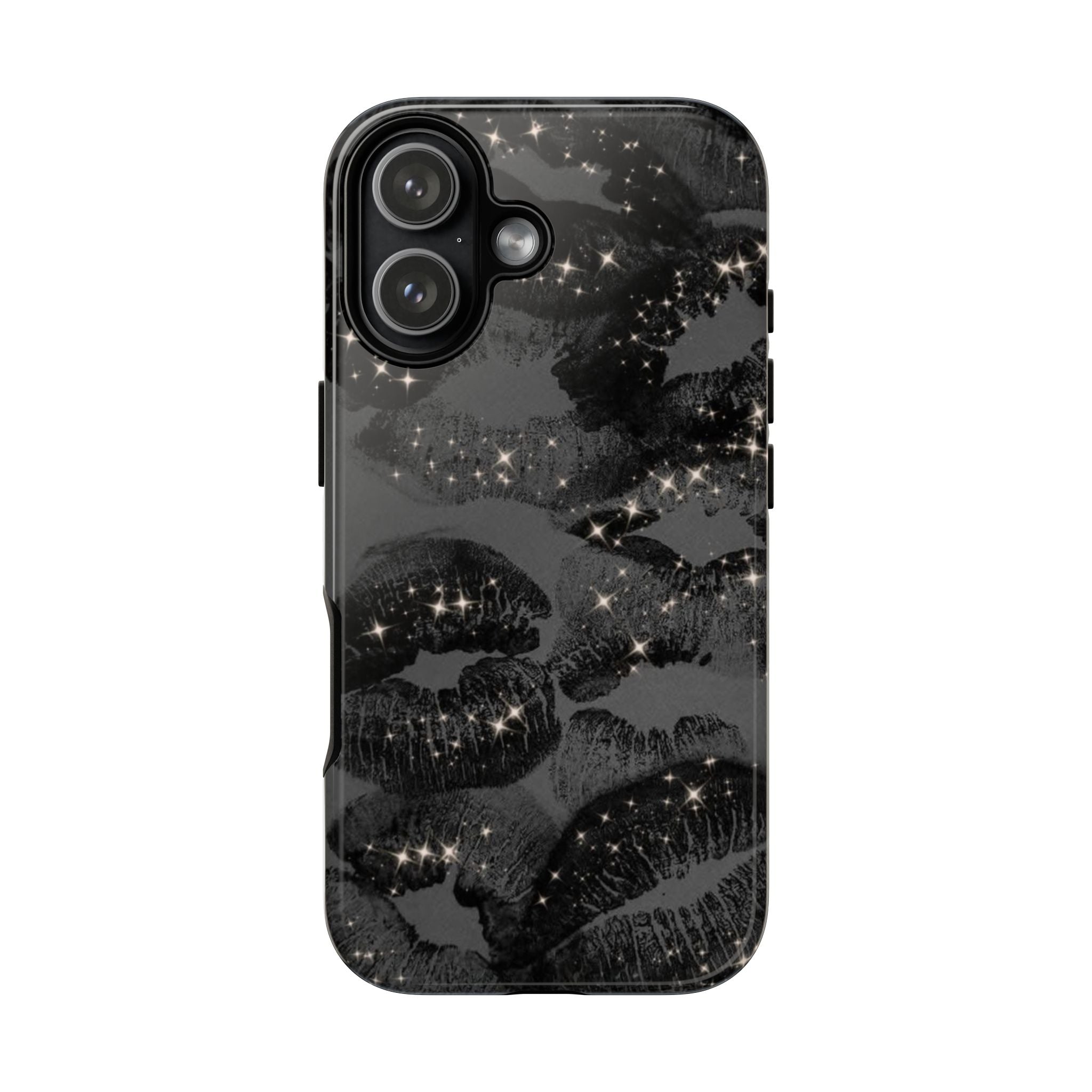 Black Glitter Kiss Phone Case — Sparkling Lip Print Protective Cover