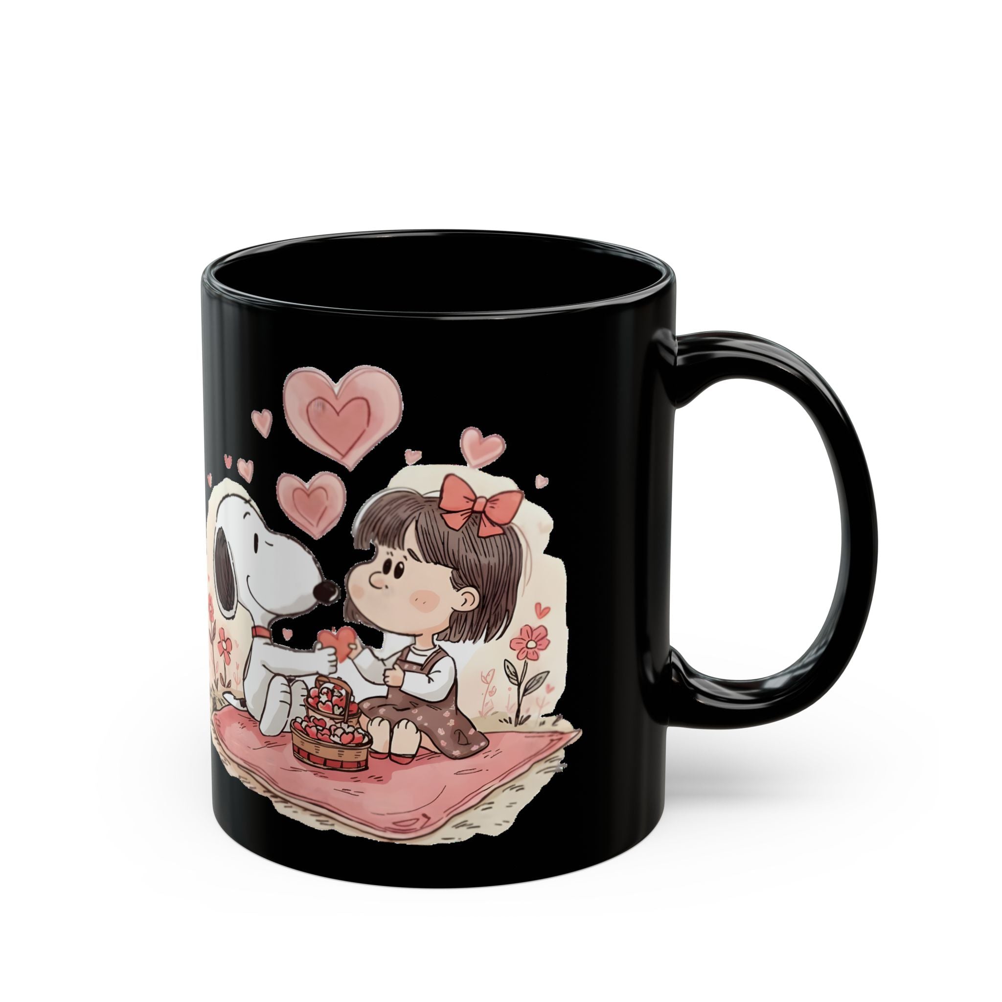 Snoopy Picnic with Girl Mug | Black Ceramic Coffee Cup