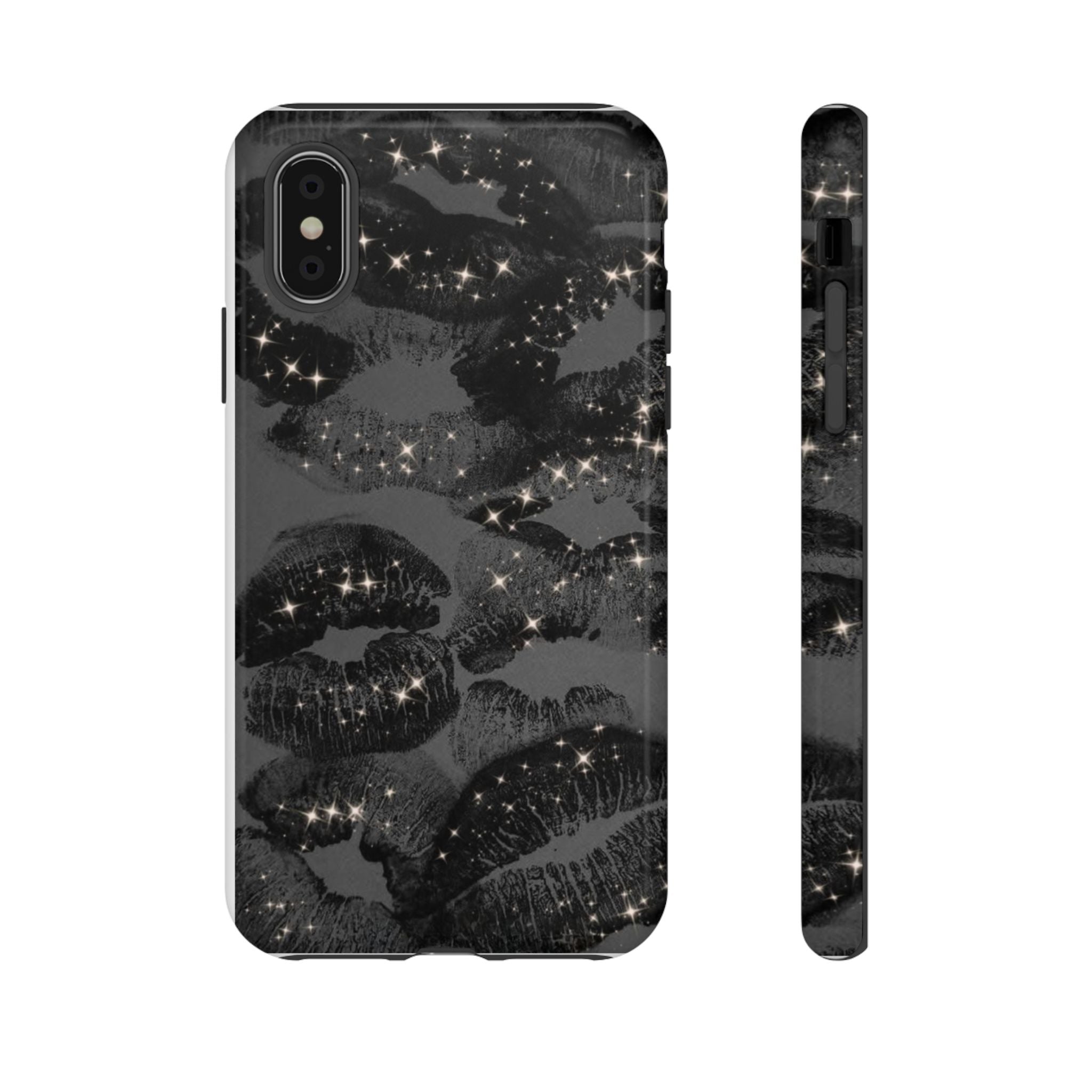 Black Glitter Kiss Phone Case — Sparkling Lip Print Protective Cover