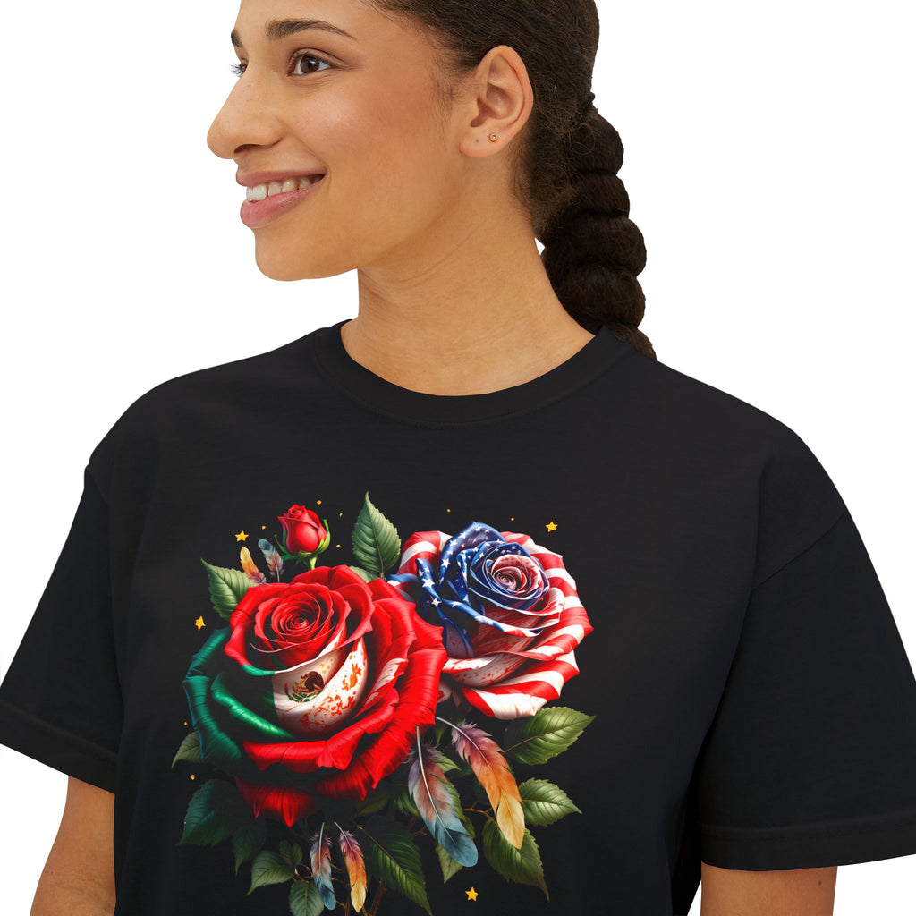 Women’s Boxy Tee — Vintage Red & Blue Rose Floral Graphic