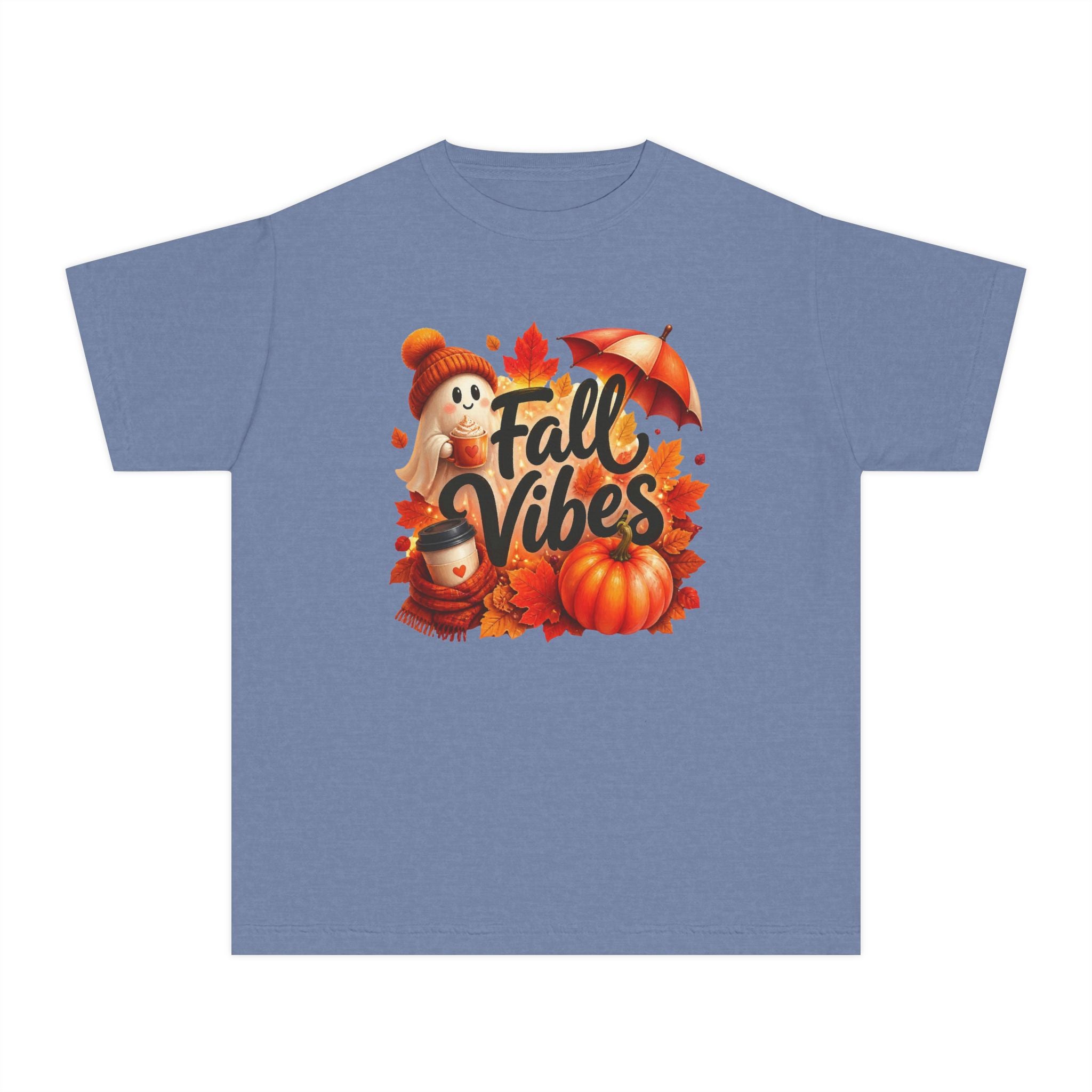 Fall Vibes Youth Tee — Cute Pumpkin, Leaves & Scarecrow Autumn Shirt