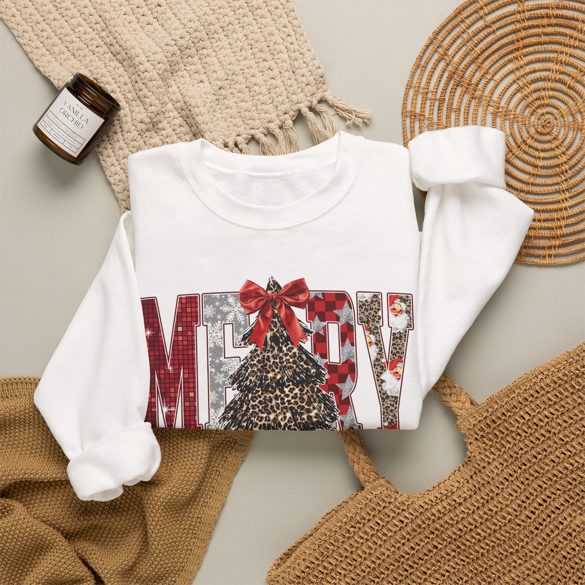 Merry Christmas Crewneck Sweatshirt — Festive Tree & Bow Holiday Sweatshirt