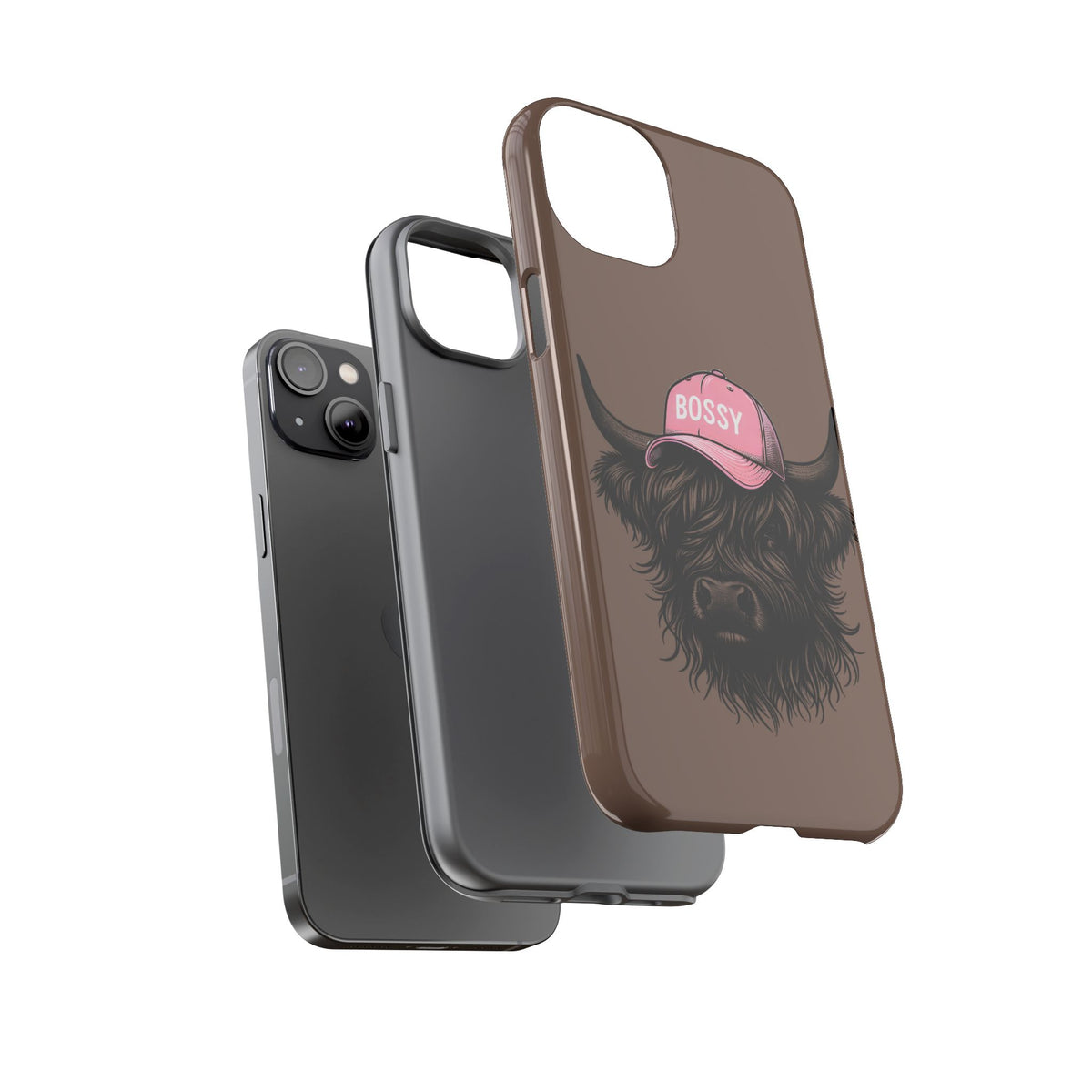Phone Case — Highland Cow Wearing 'BOSSY' Pink Hat, Cute Farm Animal Protective Cover