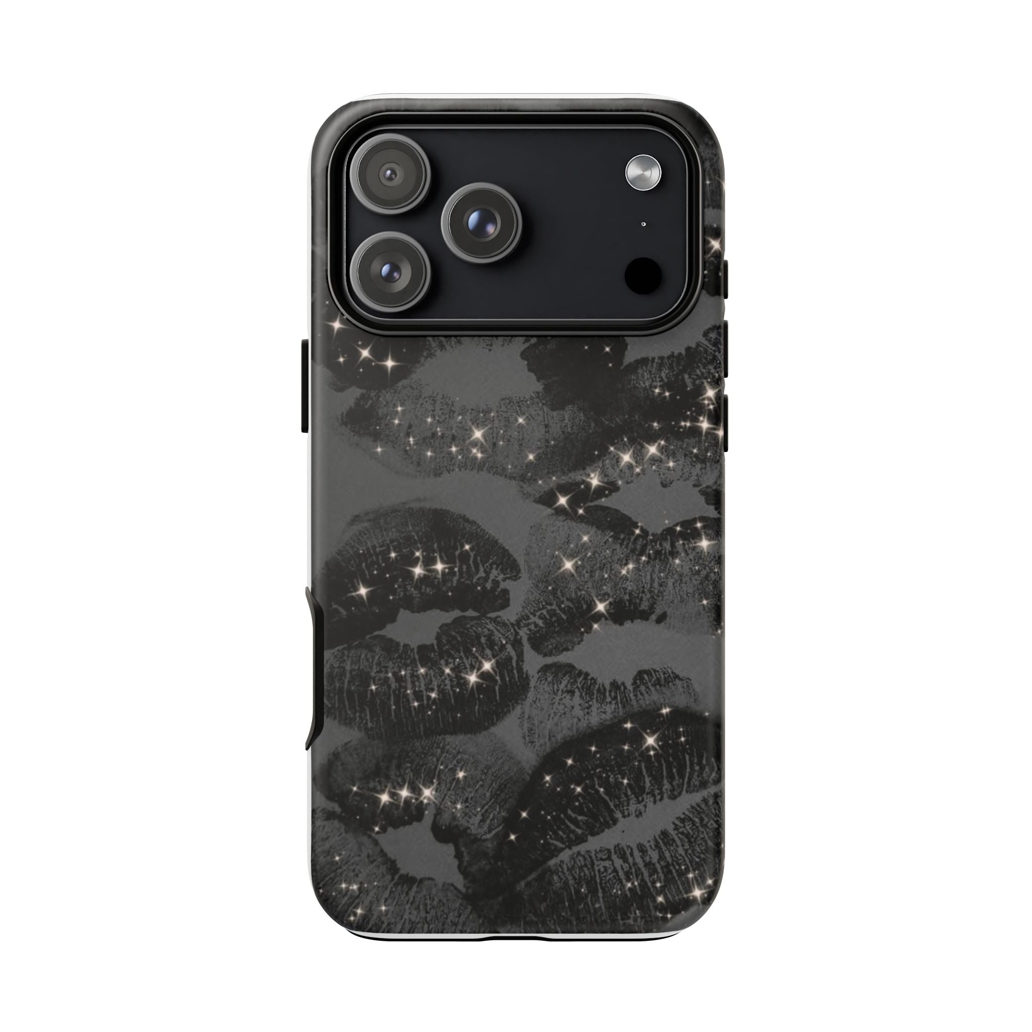 Black Glitter Kiss Phone Case — Sparkling Lip Print Protective Cover