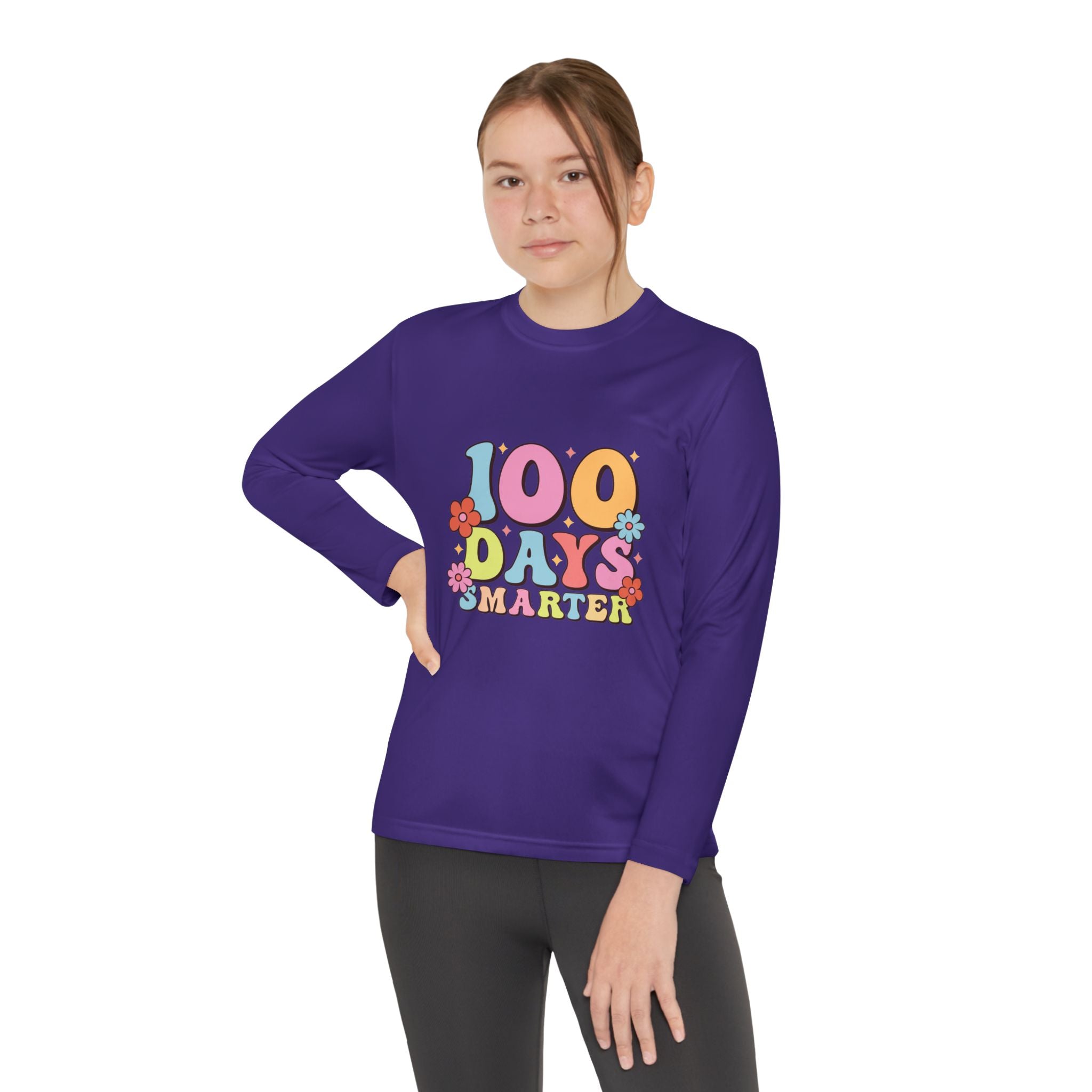 100 Days Smarter Youth Long Sleeve Tee — Retro Floral School Celebration Shirt