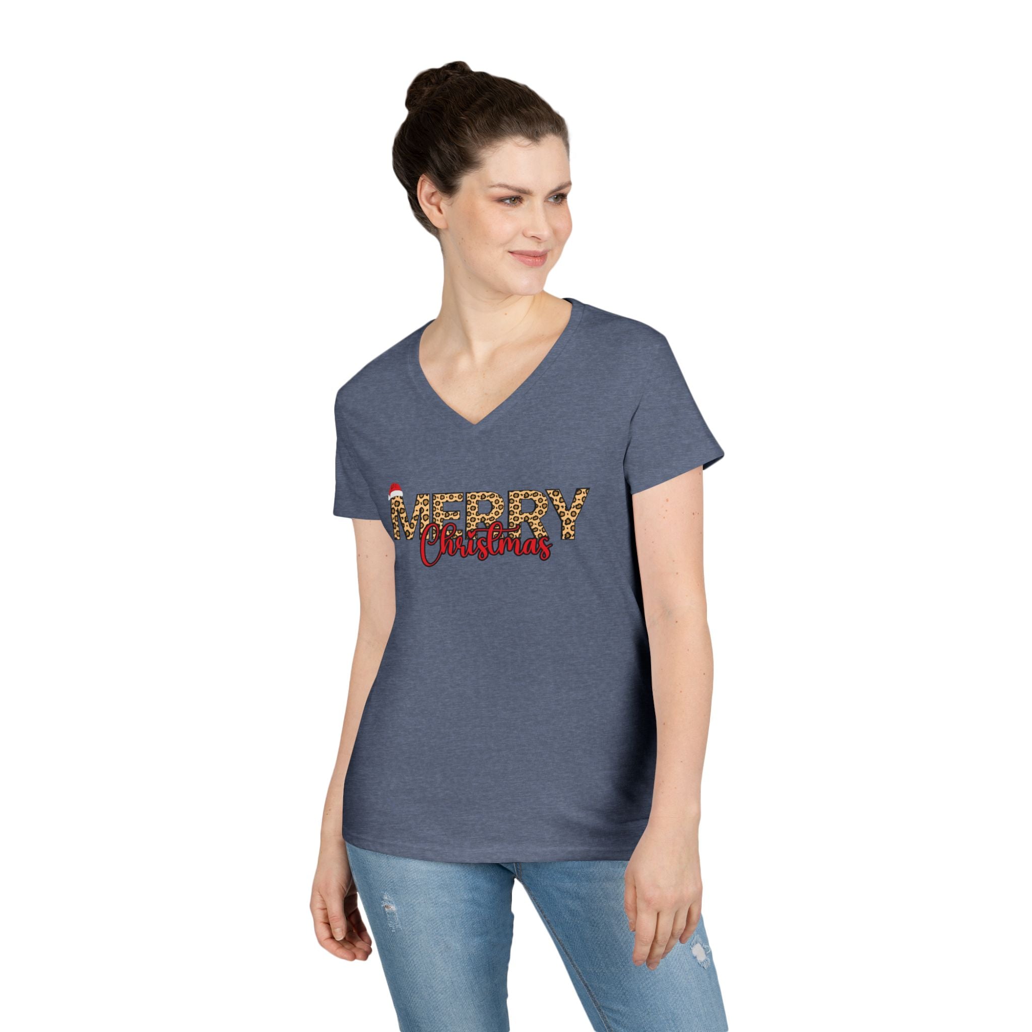 Merry Christmas Leopard Print V-Neck Tee