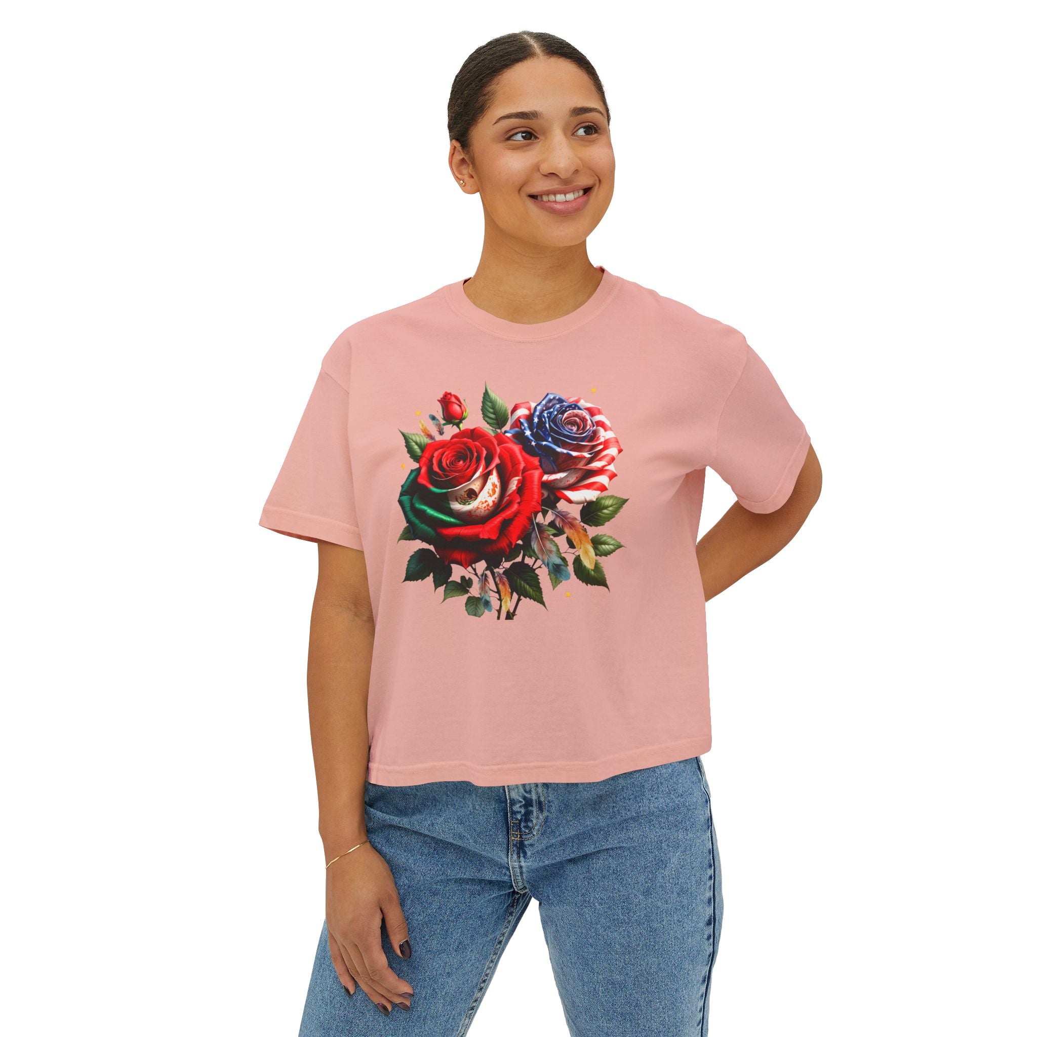 Women’s Boxy Tee — Vintage Red & Blue Rose Floral Graphic