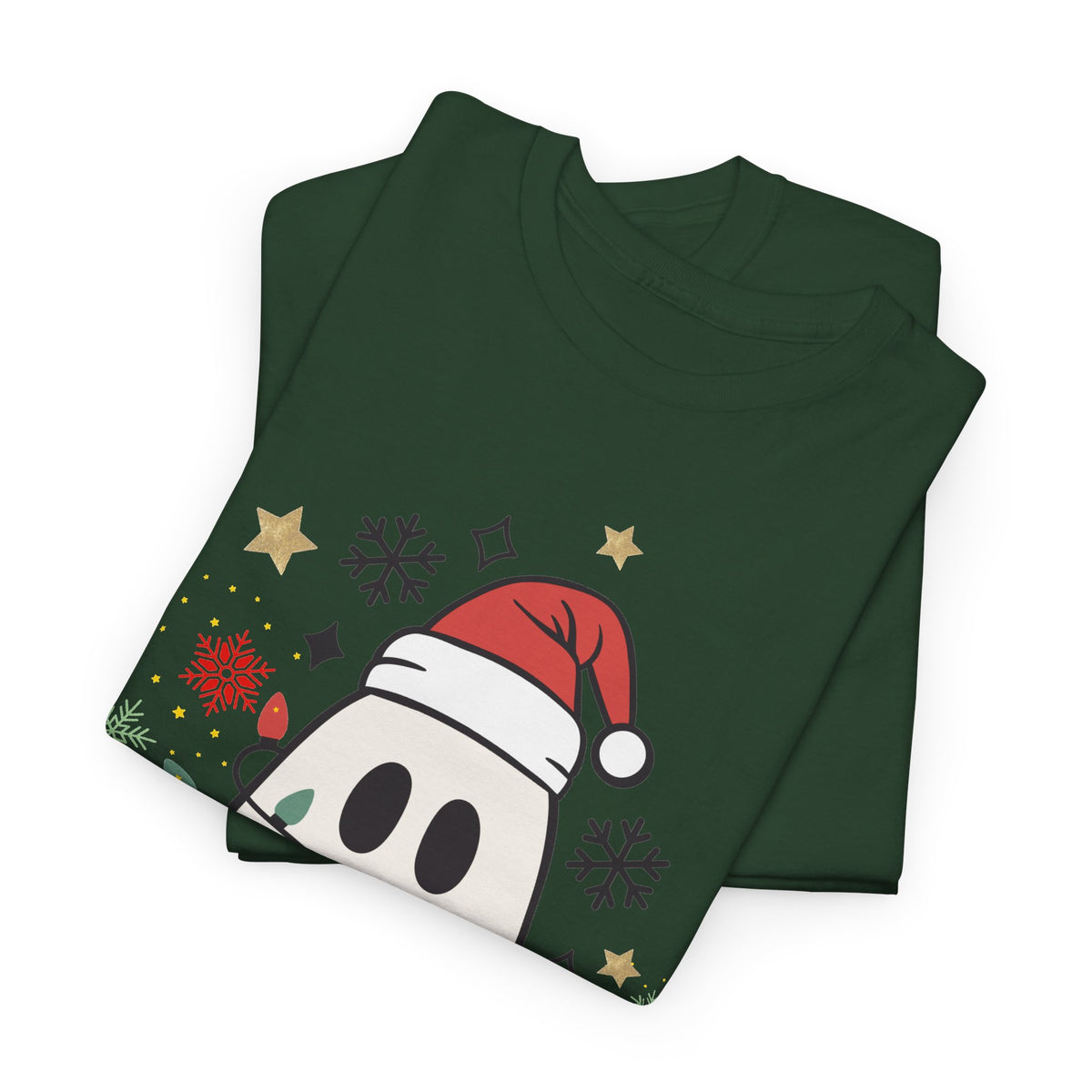 Christmas Ghost T-Shirt — Cute Haunted Holiday Tee with Santa Hat & Lights