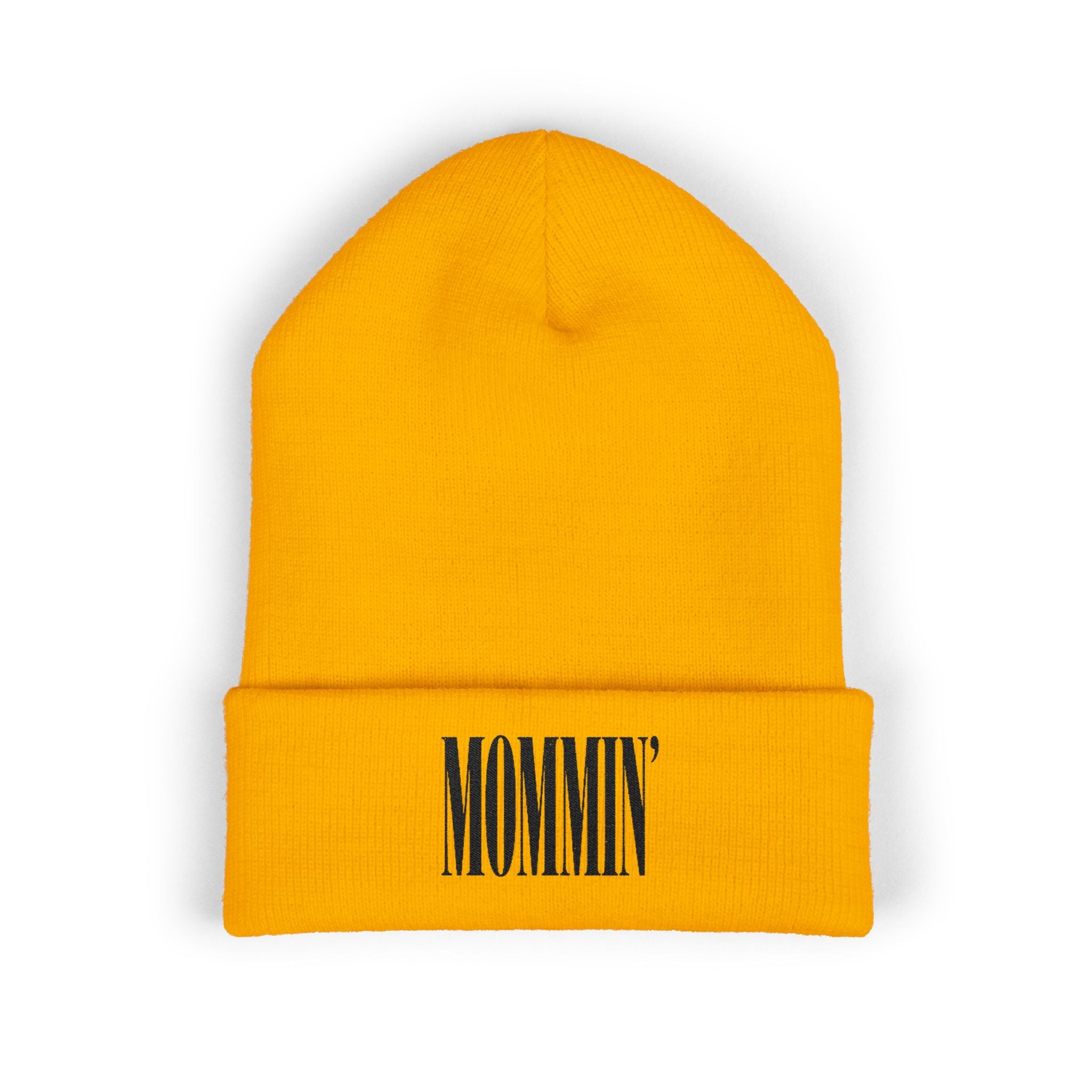 Embroidered "Mommin'" Cuffed Beanie — Cozy Knit Mom Hat