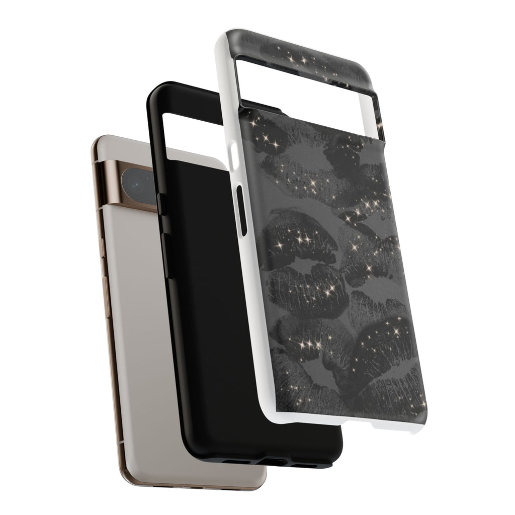 Black Glitter Kiss Phone Case — Sparkling Lip Print Protective Cover