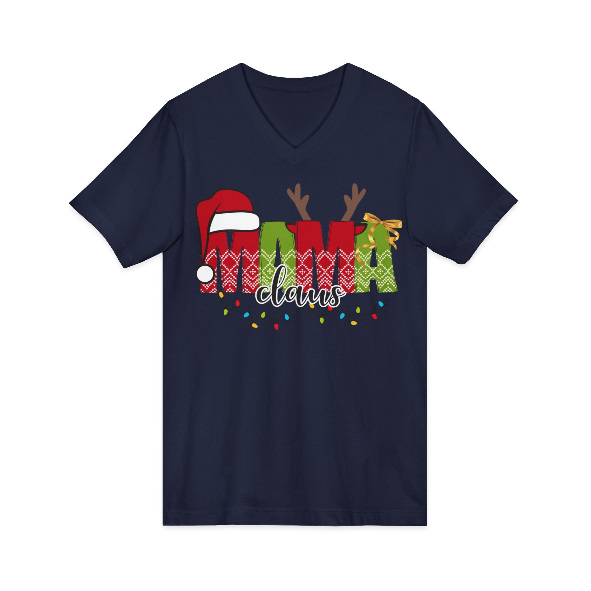 Mom Claus V-Neck Tee — Christmas Holiday Family Graphic Shirt