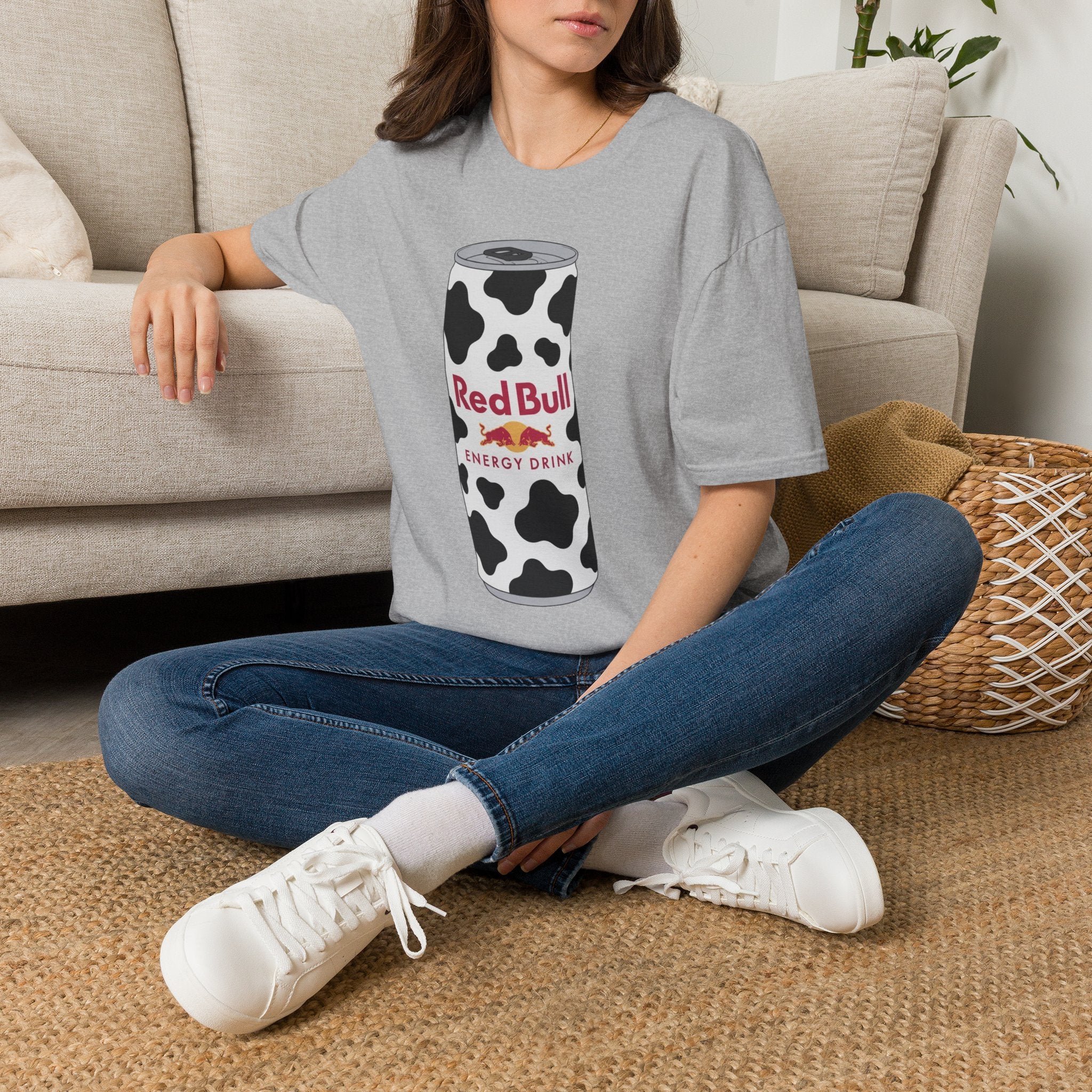 Red Bull Cow Print T-Shirt — Funny Energy Drink Graphic Tee