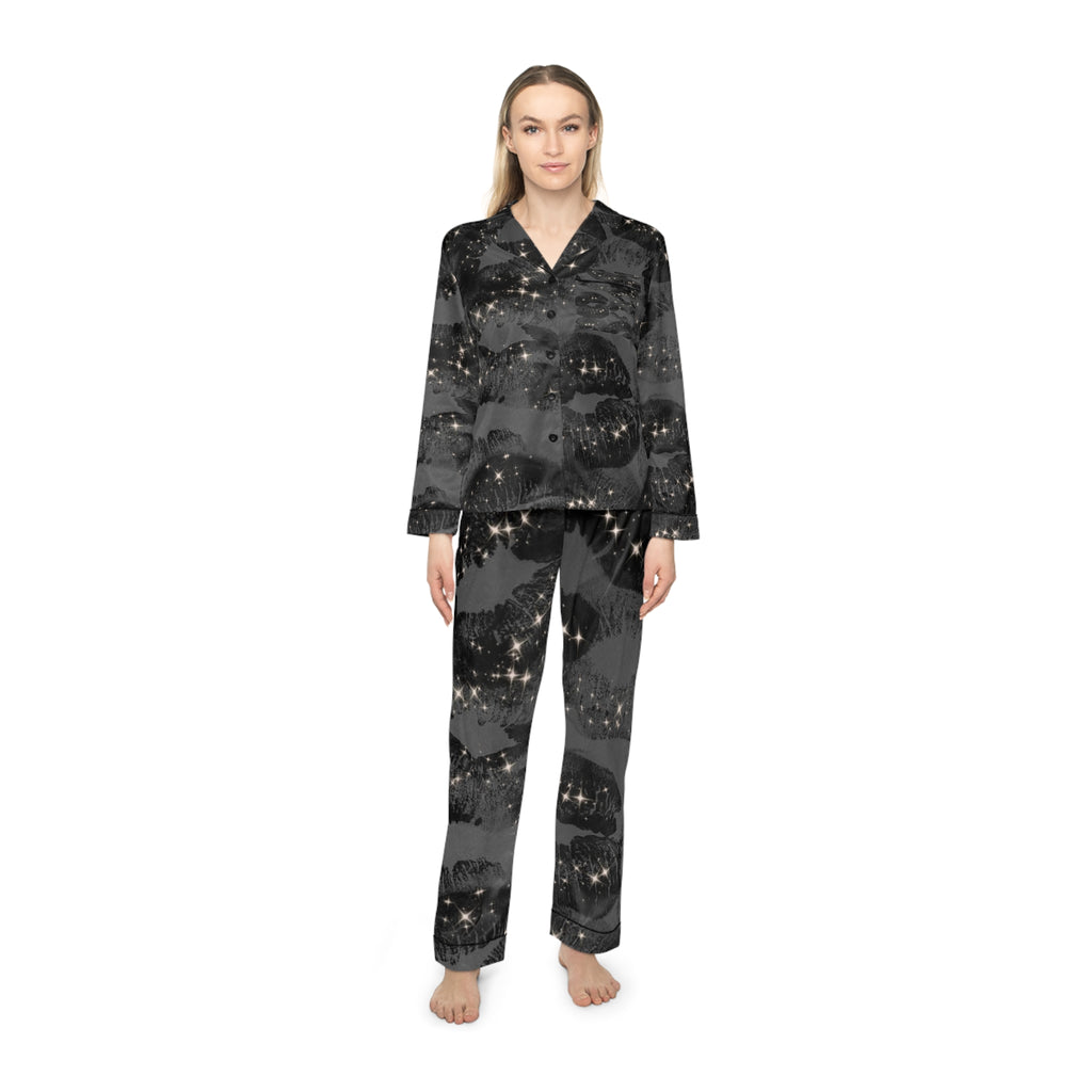 Women's Satin Pajama Set — Black Glitter Lip Print Sleepwear