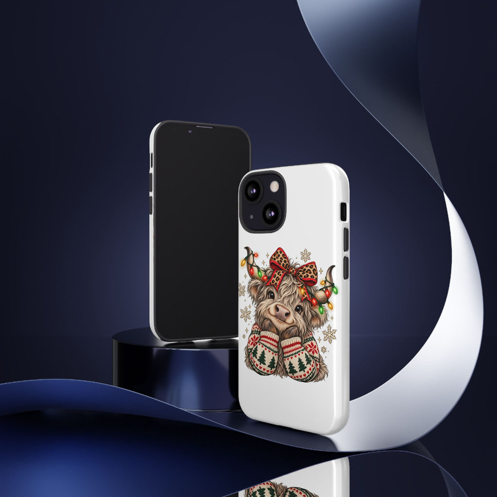 Holiday Highland Cow Phone Case – Festive Lights & Cozy Sweater Design
