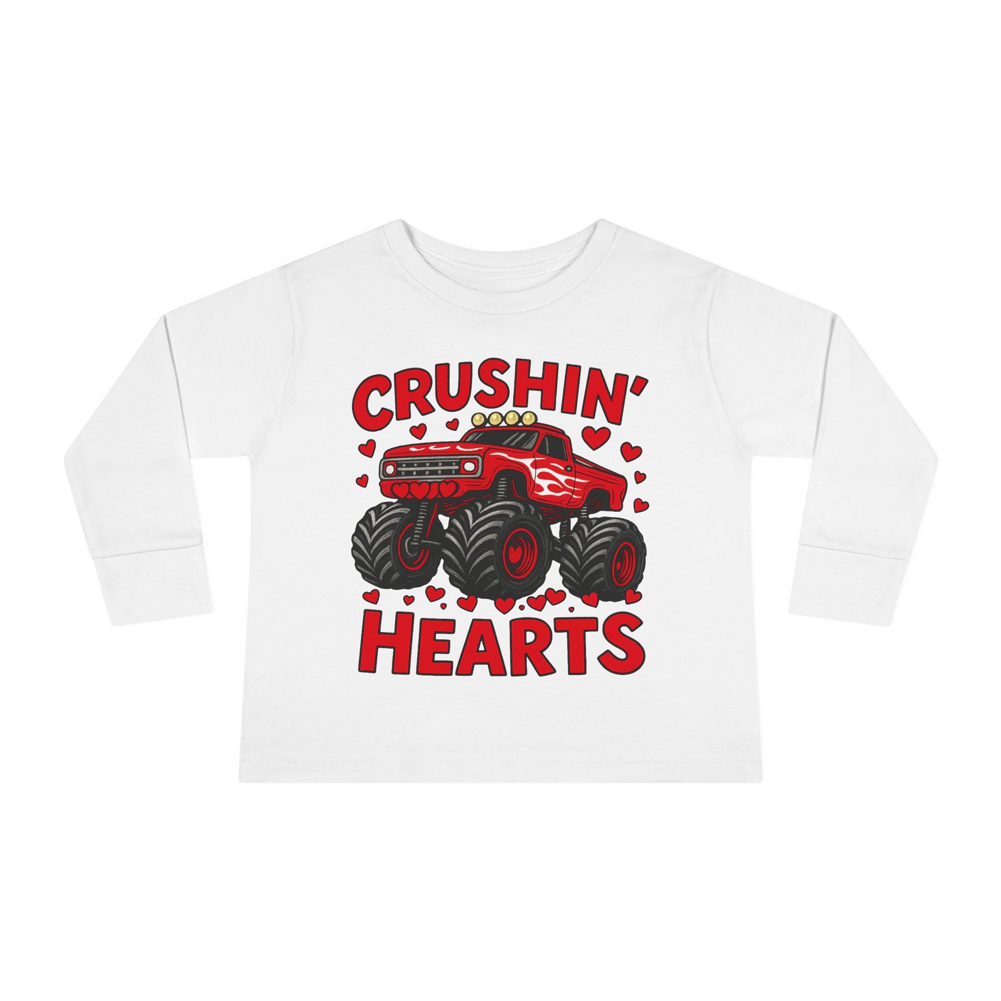 Crushin' Hearts Toddler Long Sleeve Tee - Monster Truck Valentine Shirt