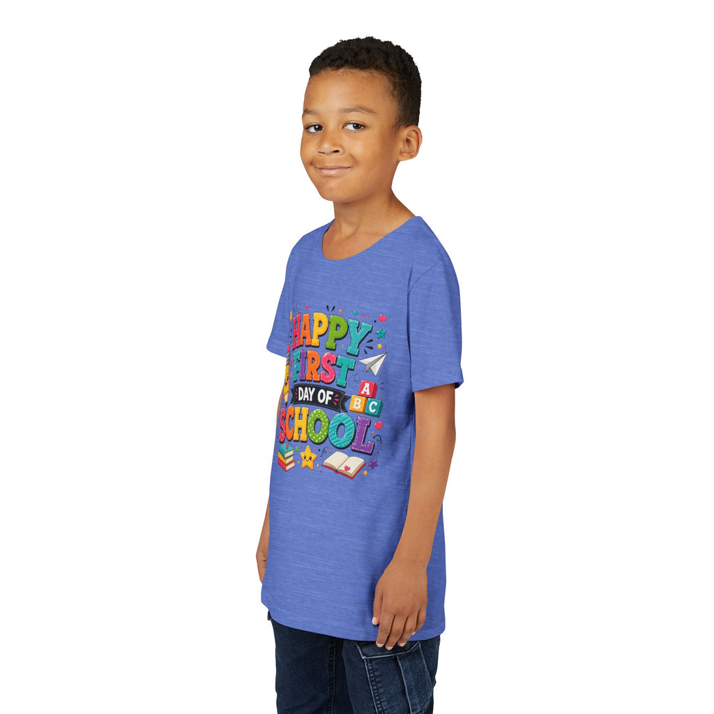 Youth Tee — "Happy First Day of School" Back-to-School Graphic Shirt