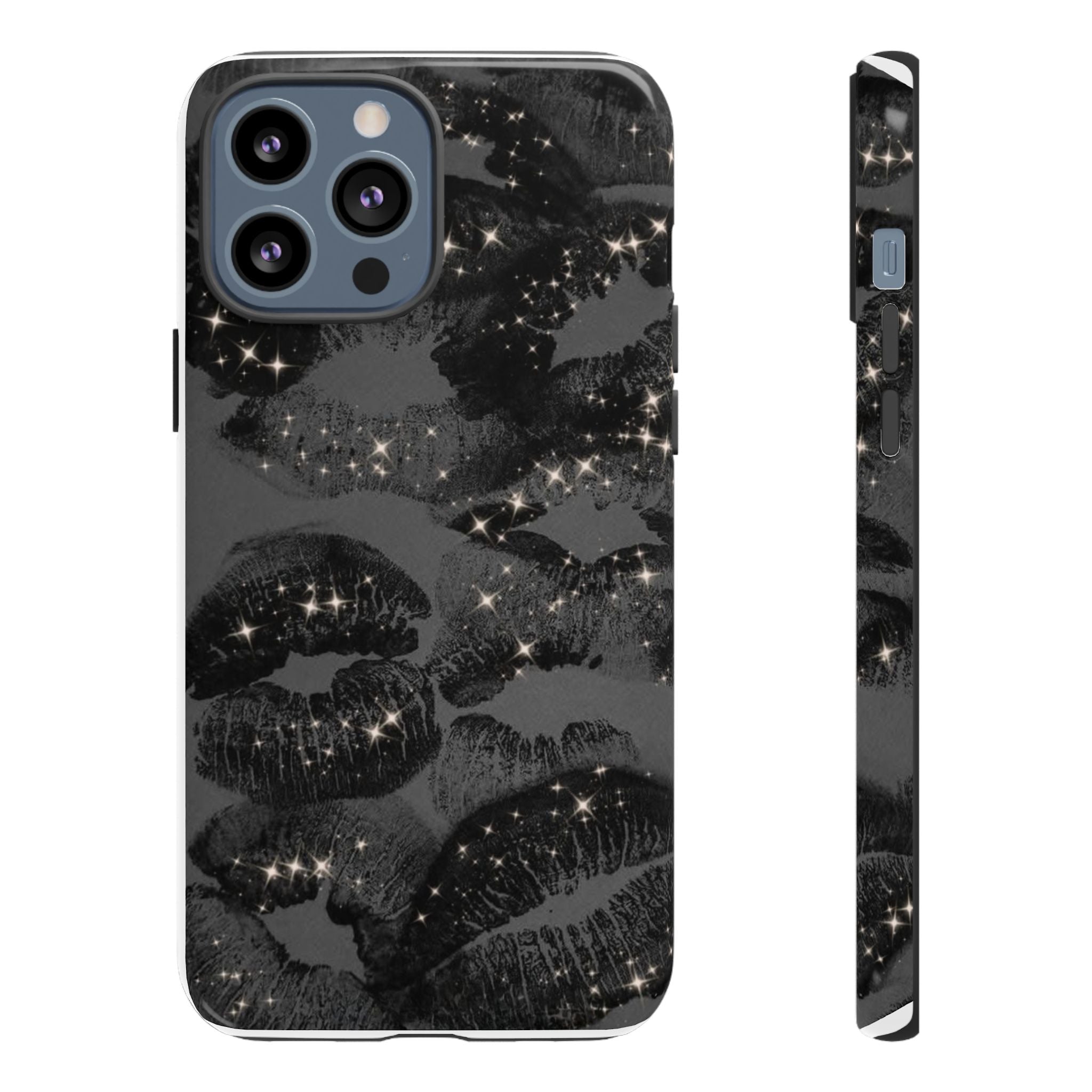 Black Glitter Kiss Phone Case — Sparkling Lip Print Protective Cover