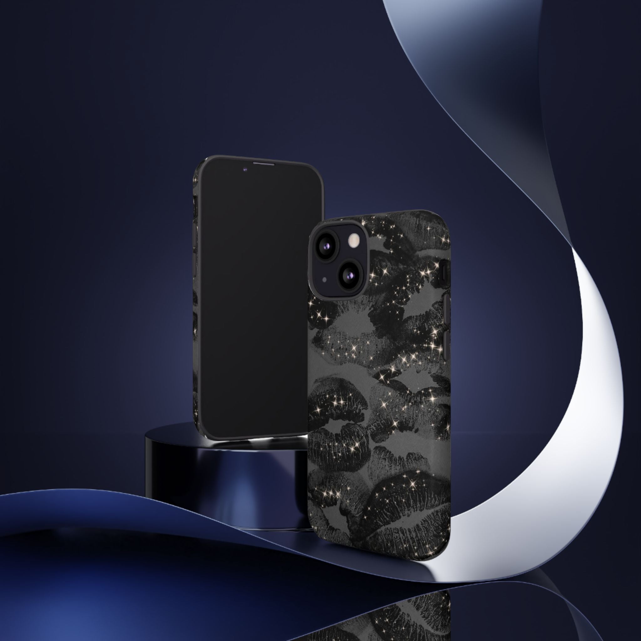 Black Glitter Kiss Phone Case — Sparkling Lip Print Protective Cover