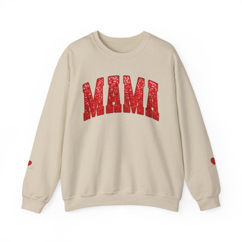 MAMA varsity letters Sweatshirt | red glitter heart sleeve accents