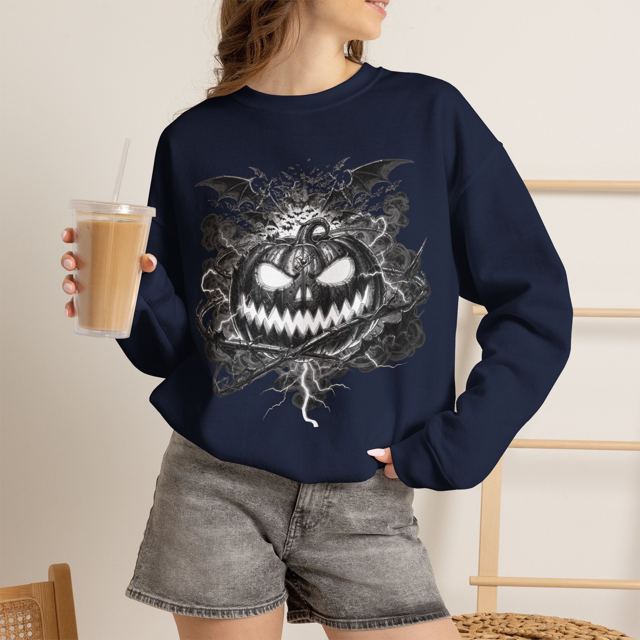 Halloween Pumpkin Crewneck Sweatshirt — Spooky Jack-o'-Lantern Graphic