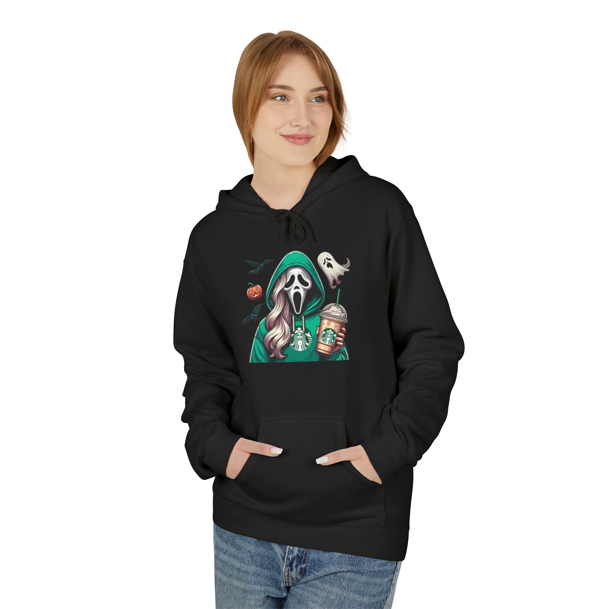 Halloween Ghost Rider Hoodie — Cute Grim Reaper with Pumpkin & Coffee Graphic