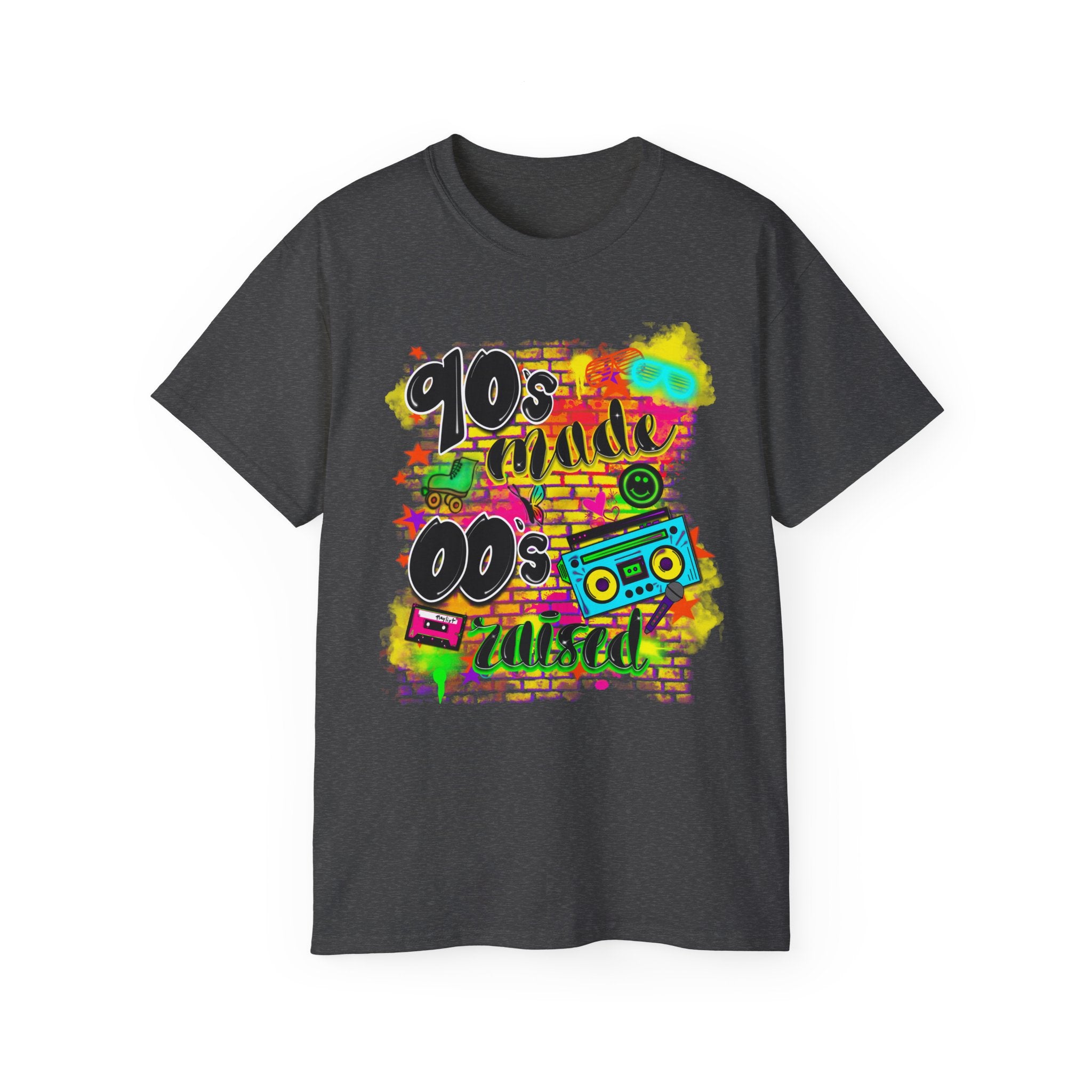 90s Made 00s Raised T-Shirt — Neon Retro Boombox Graphic Tee