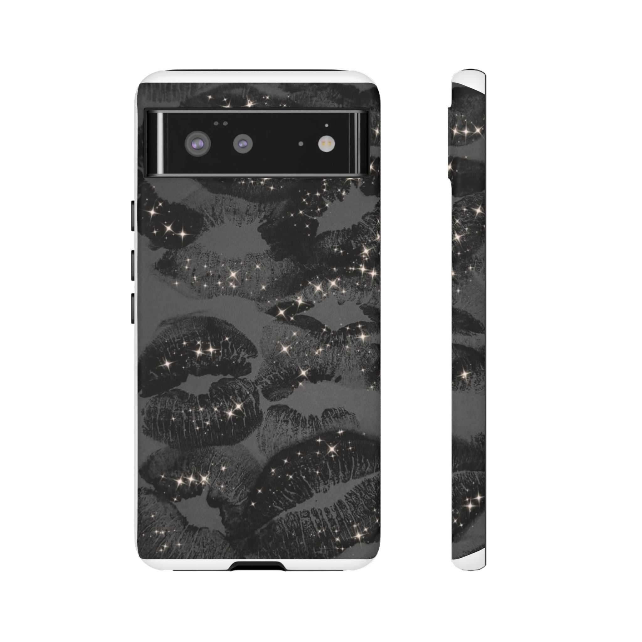 Black Glitter Kiss Phone Case — Sparkling Lip Print Protective Cover