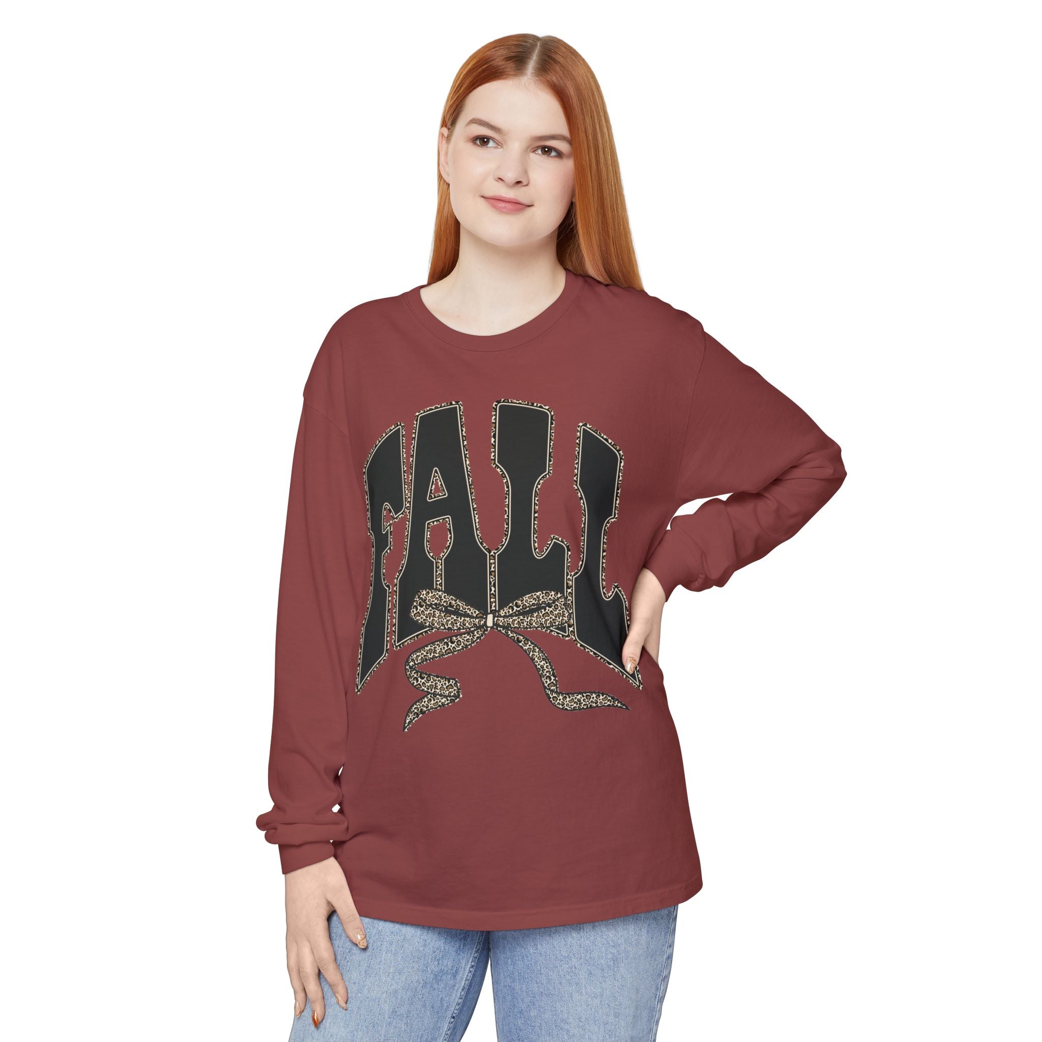 Fall Bow Long Sleeve Tee — 'FALL' Graphic Garment-Dyed Shirt