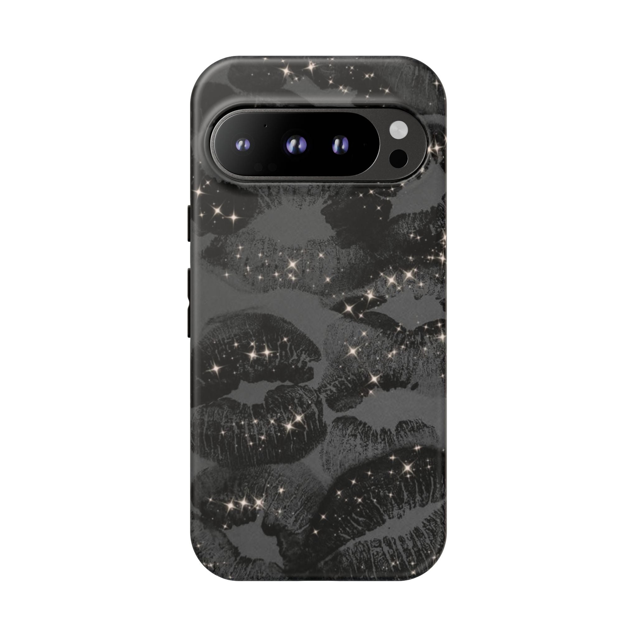 Black Glitter Kiss Phone Case — Sparkling Lip Print Protective Cover