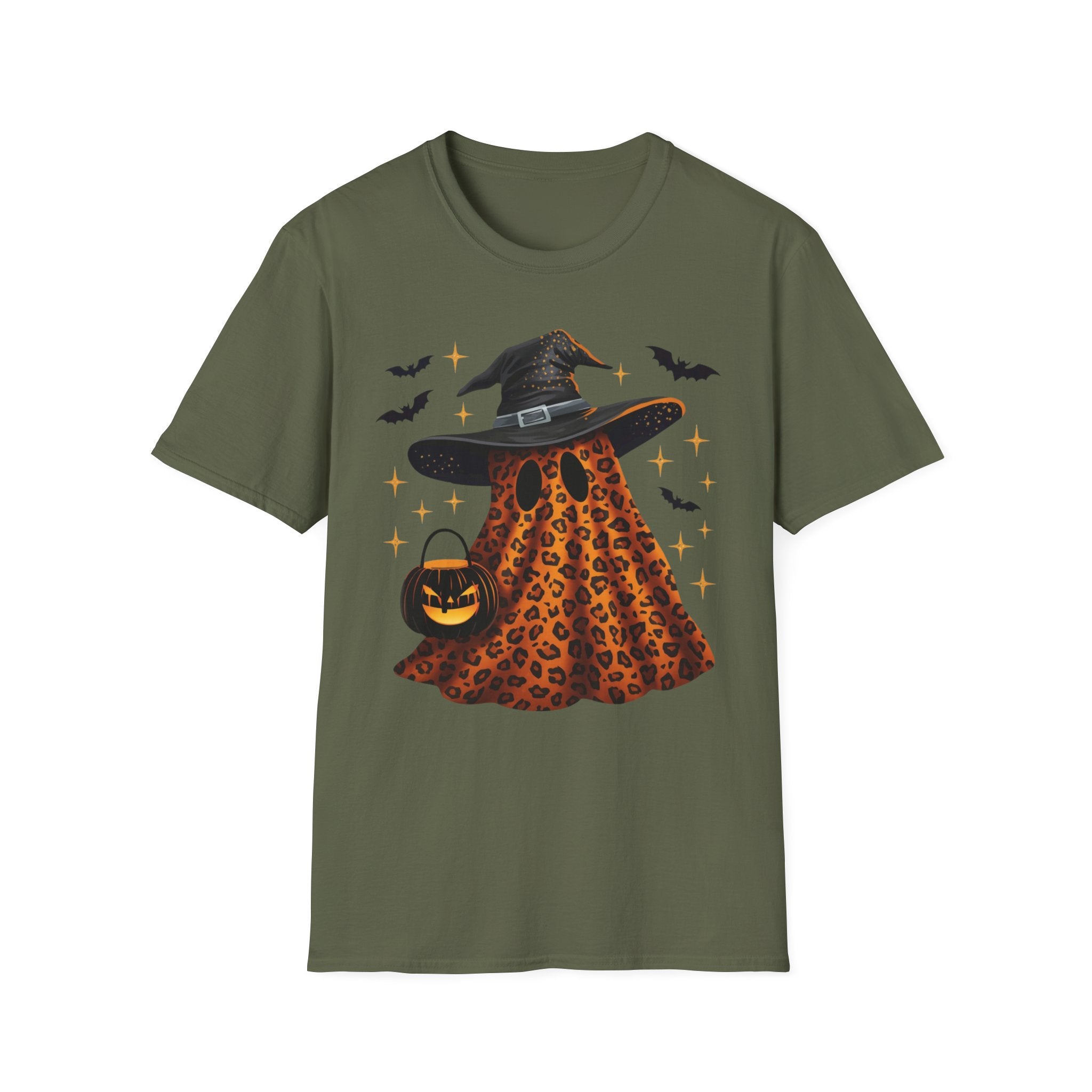 Halloween Leopard Ghost T-Shirt — Witch Hat & Bats Graphic