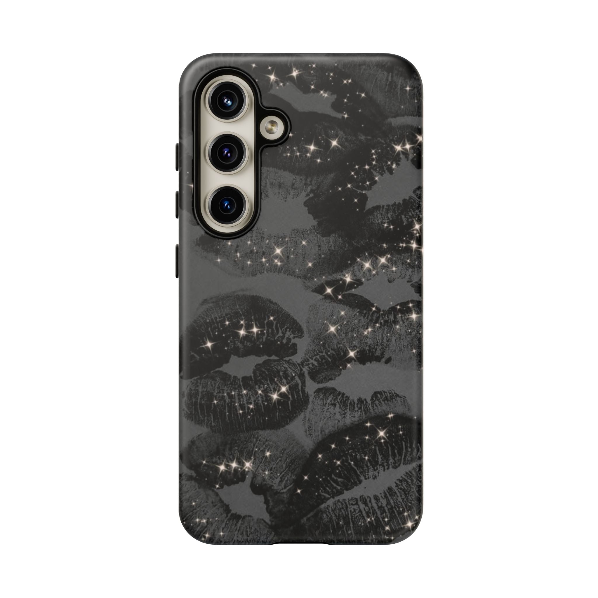 Black Glitter Kiss Phone Case — Sparkling Lip Print Protective Cover