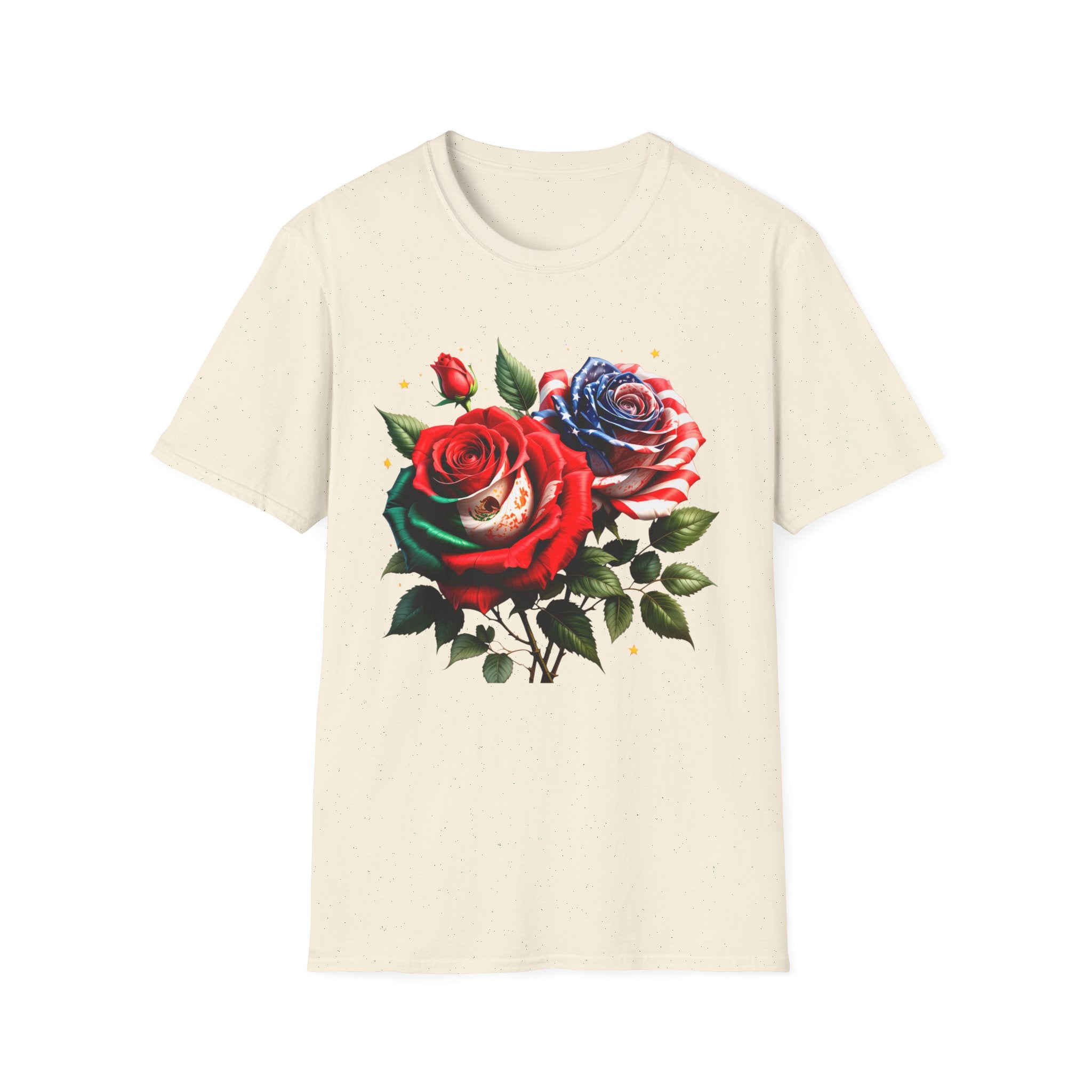 Patriotic Rose Skull T-Shirt — American Flag Blue & Red Floral Tee
