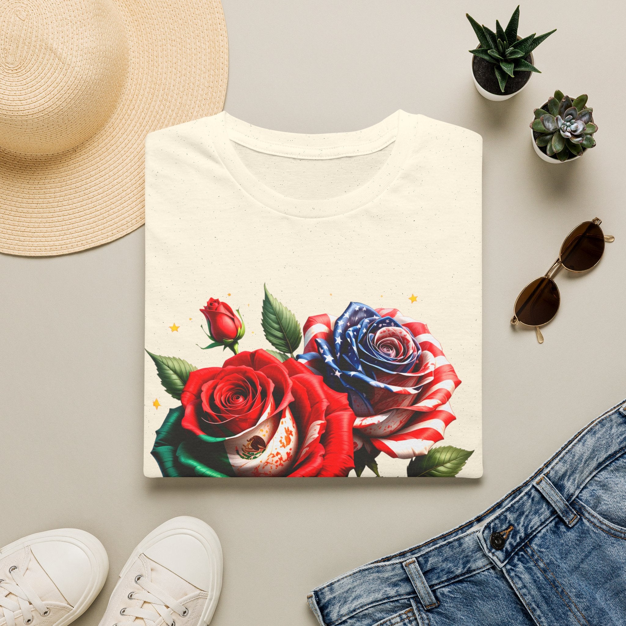Patriotic Rose Skull T-Shirt — American Flag Blue & Red Floral Tee