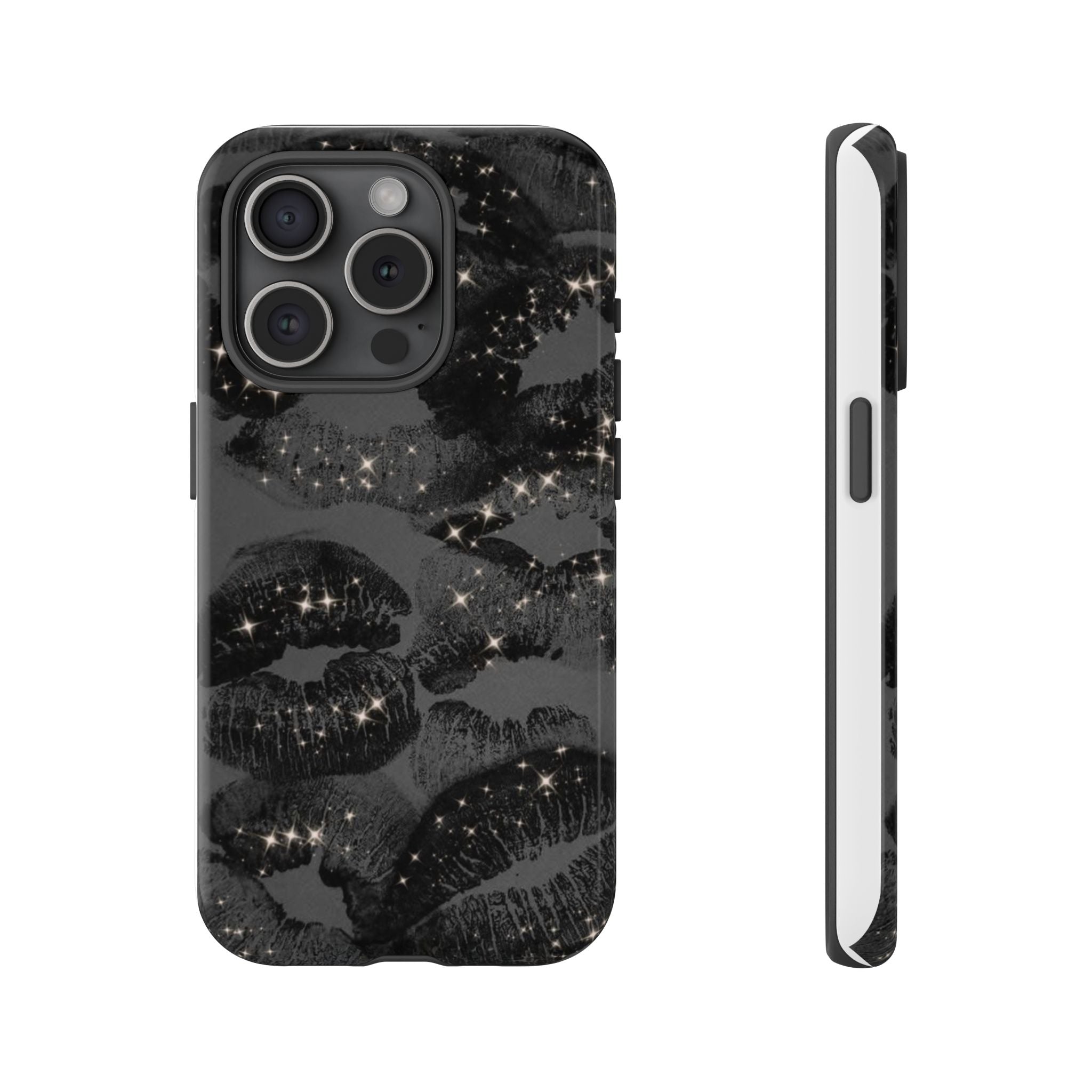 Black Glitter Kiss Phone Case — Sparkling Lip Print Protective Cover