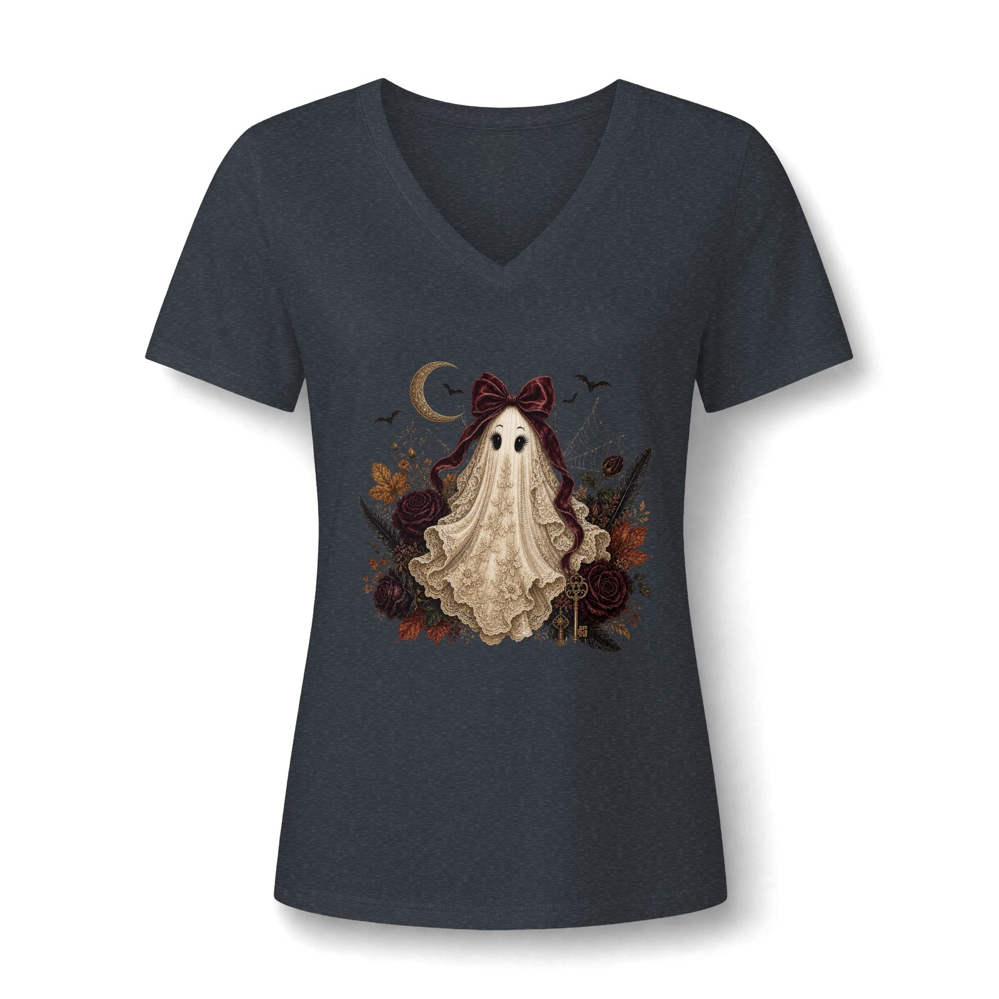 Ghost Girl V-Neck Tee — Cute Vintage Halloween Ghost Design