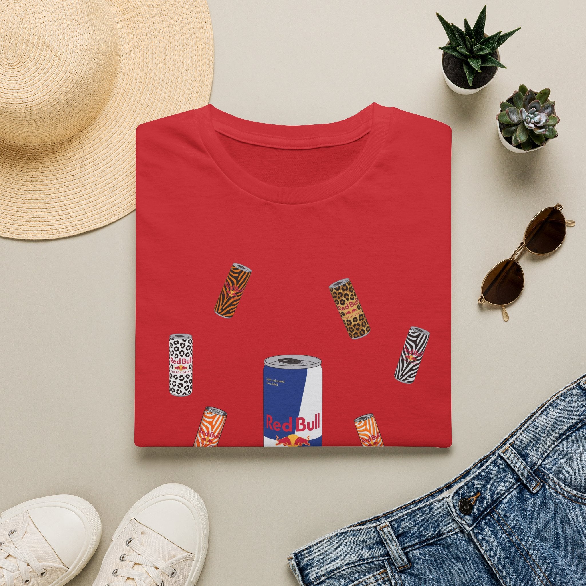 Energy Drink & Lip Balm Graphic T-Shirt — Playful Red Bull Design