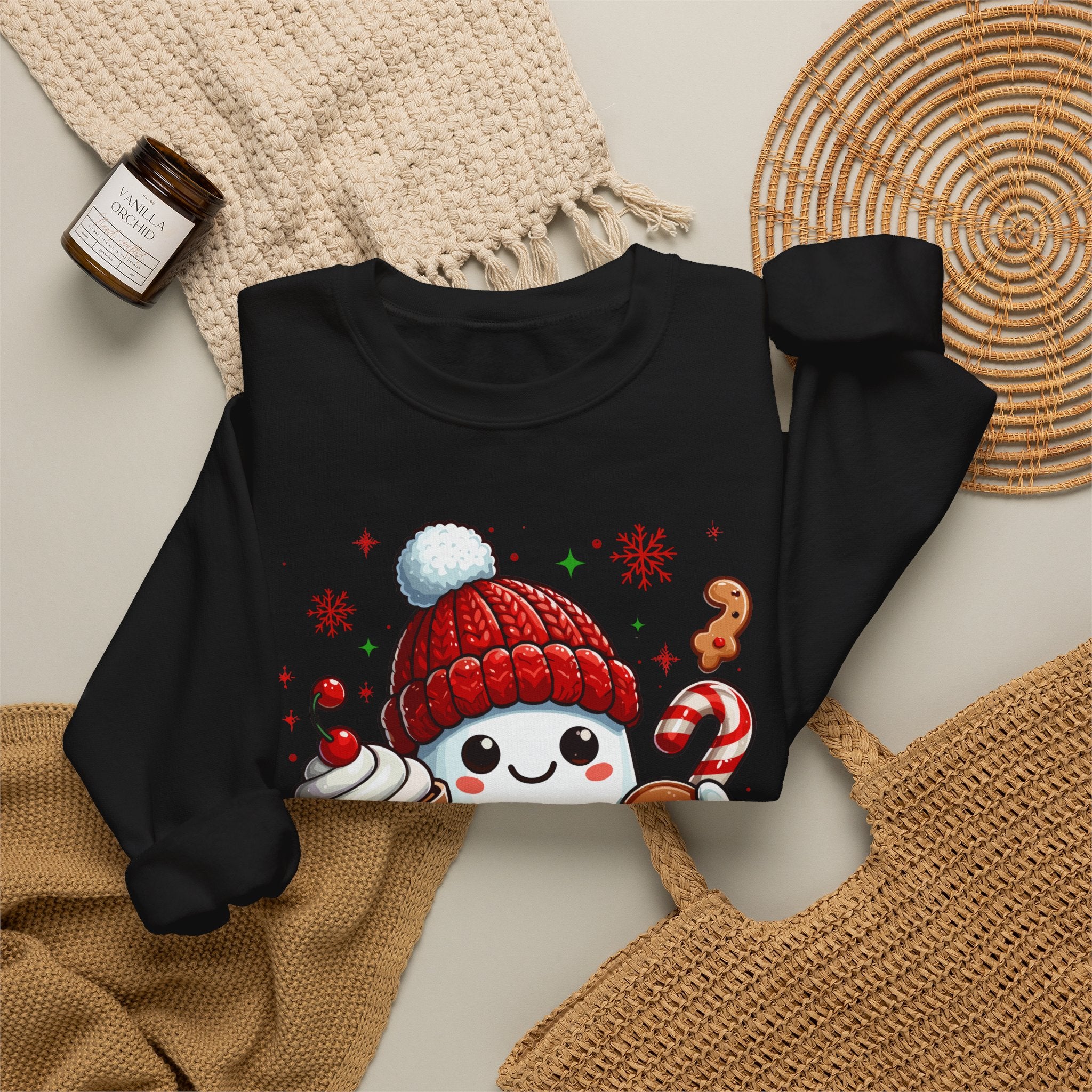 Holiday Marshmallow Character Sweatshirt — Cute Snowman with Gingerbread & Hot Cocoa