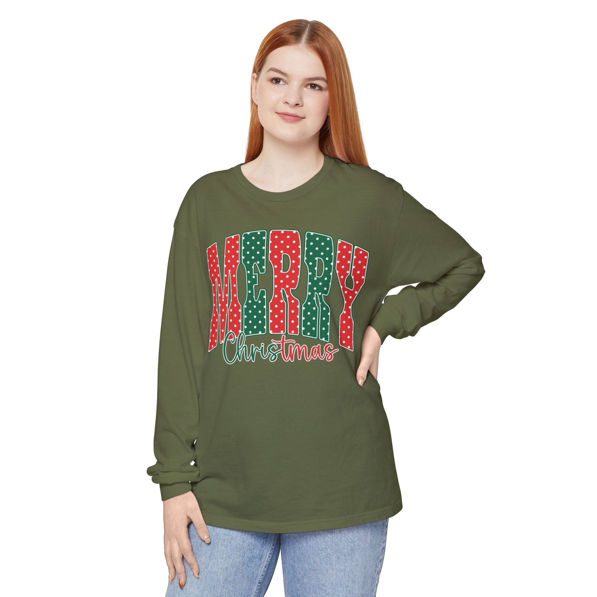 Merry Christmas Long Sleeve Tee — Festive Red & Green Holiday Shirt