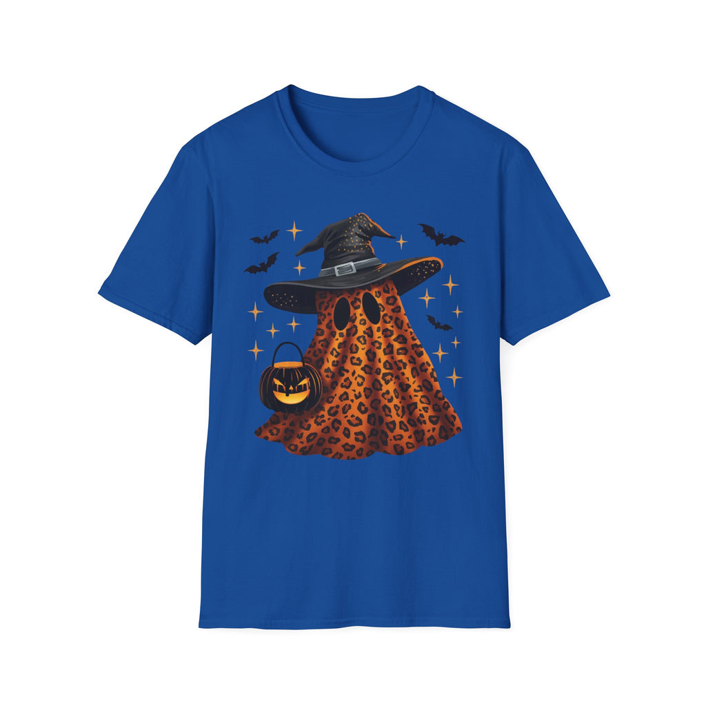 Halloween Leopard Ghost T-Shirt — Witch Hat & Bats Graphic