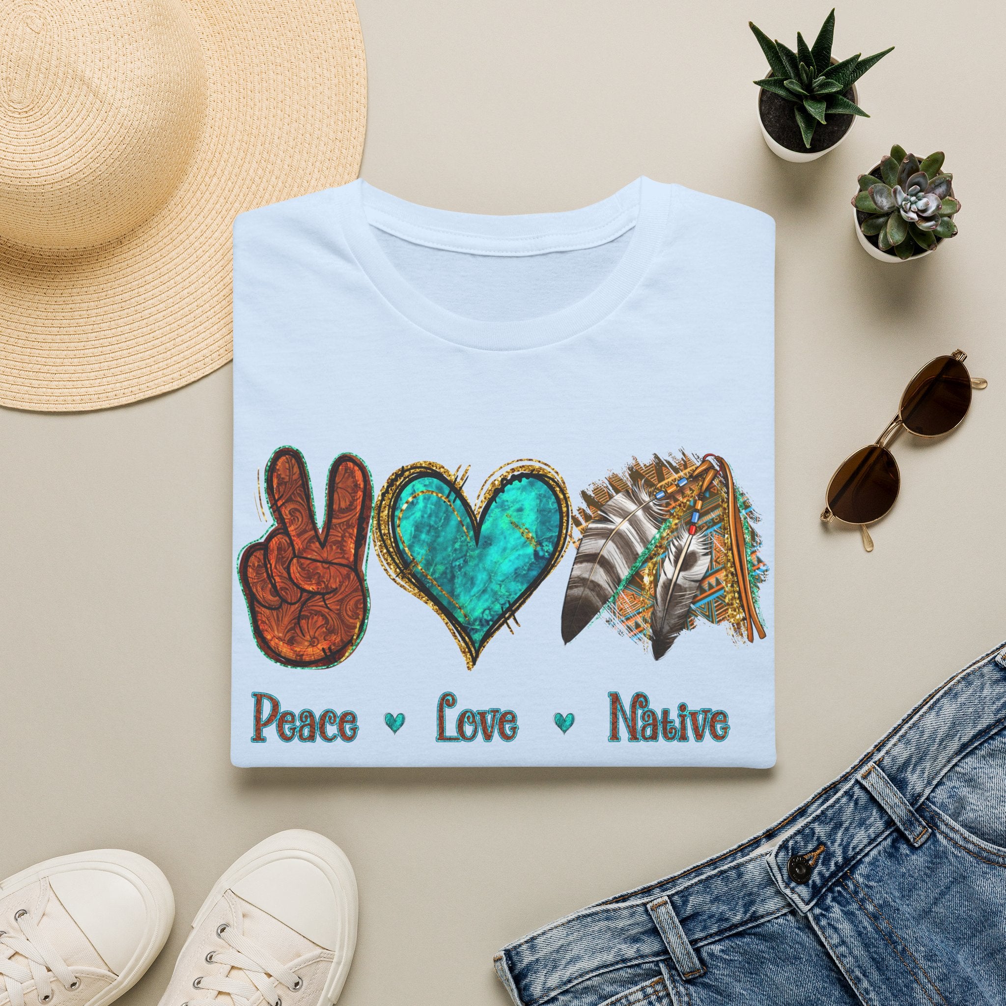 Peace Love Native T-Shirt — Boho Tribal Teal Heart Graphic Tee