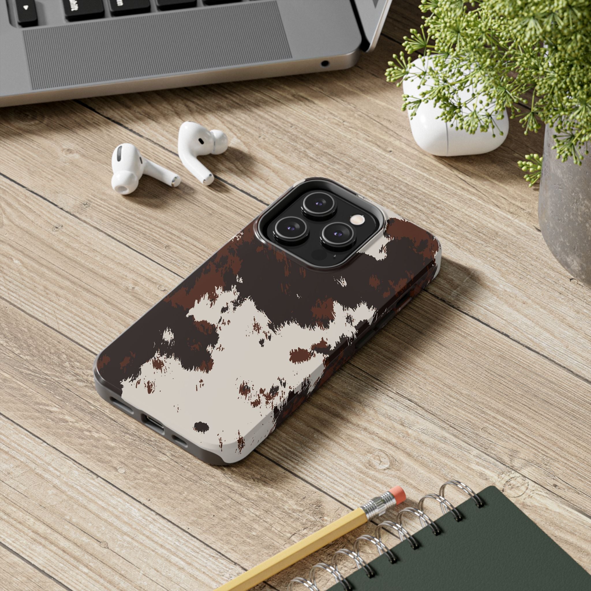 Cowhide Print Tough Phone Case — Brown & White Western Rugged Protection