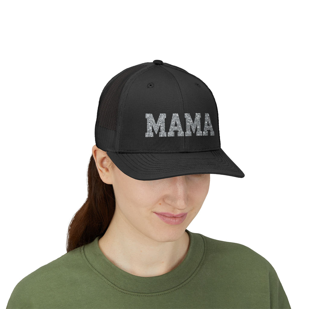 Mama Snapback Trucker Cap — Glitter Script "MAMA" Mesh Back Hat for Moms, Mother's Day Gift